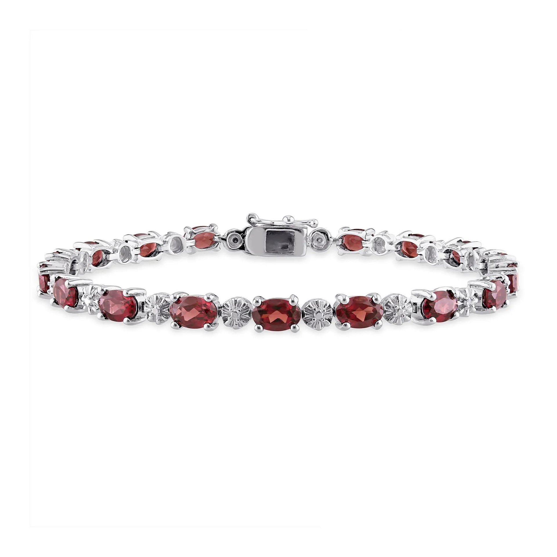Garnet and Diamond Accent Bracelet .925 Sterling Silver White Size 4.70mm