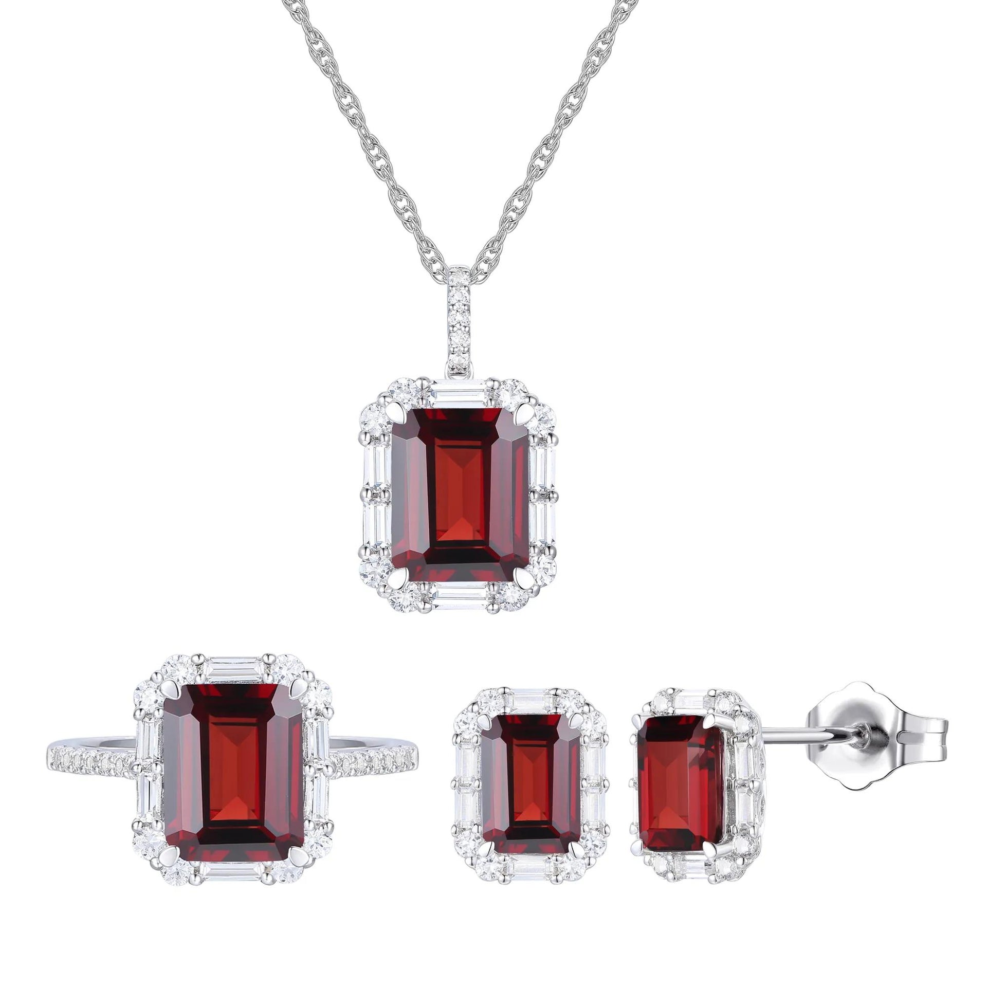Garnet & Lab-Created White Sapphire Ring Earring & Pendant Set .925 Sterling Silver Size 7.5 1mm