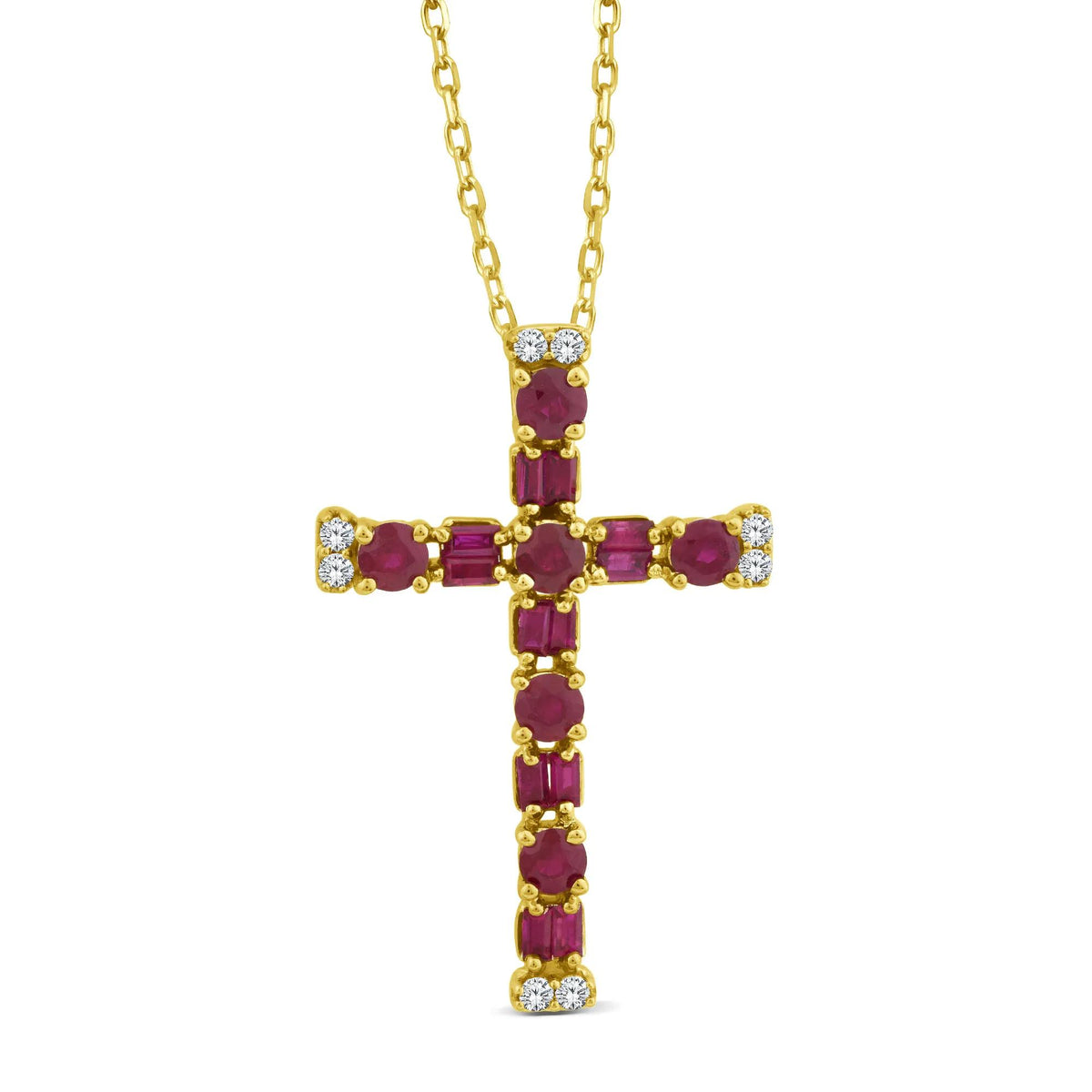 Ruby and Diamond Accent Cross Pendant Necklace 10K Yellow Gold Size 18"