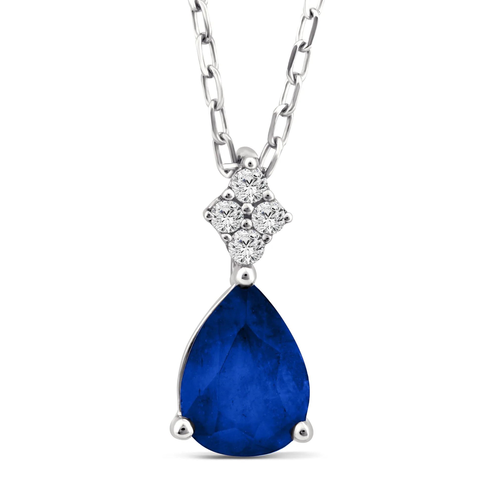 Blue Sapphire and Diamond Accent Drop Pendant Necklace 10K White Gold Size 18"