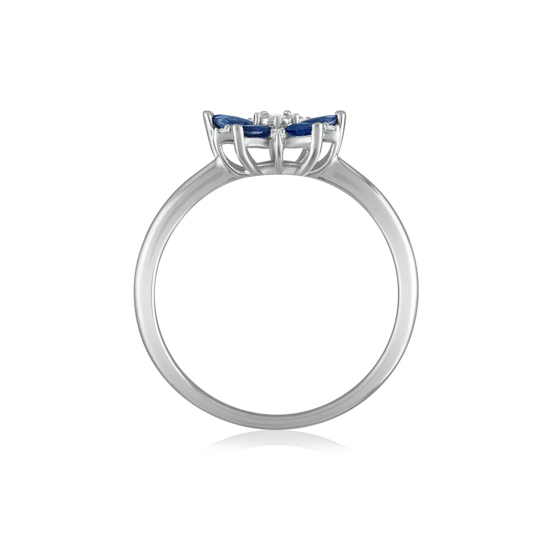 Blue Sapphire and Diamond Accent Floral Ring 10K White Gold Size 6.5 1.5mm