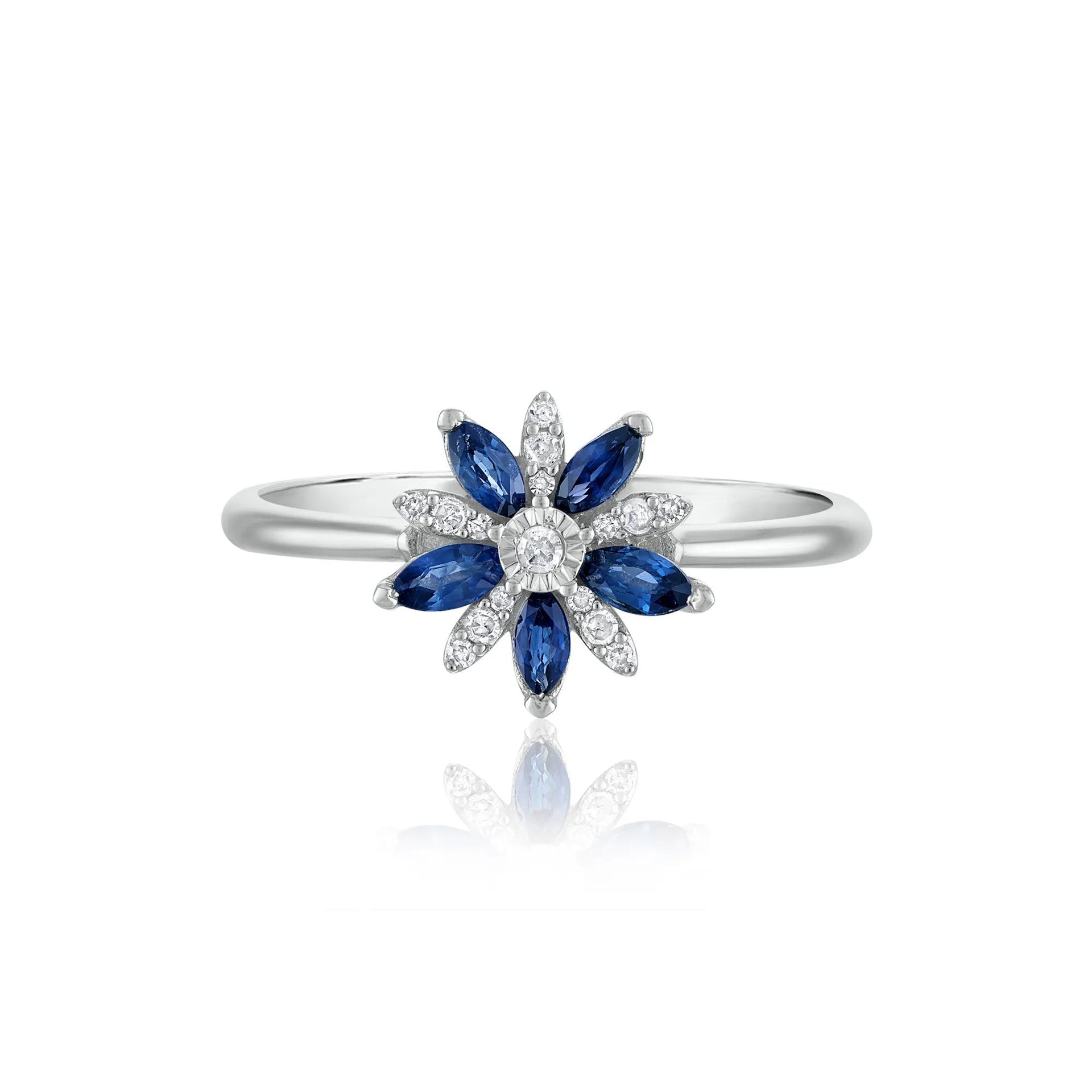 Blue Sapphire and Diamond Accent Floral Ring 10K White Gold Size 6.5 1.5mm