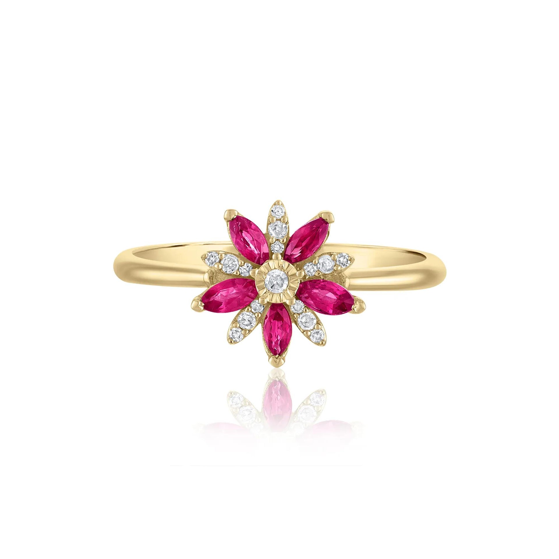 Ruby and Diamond Accent Floral Ring 10K Yellow Gold Size 5.5 1.5mm