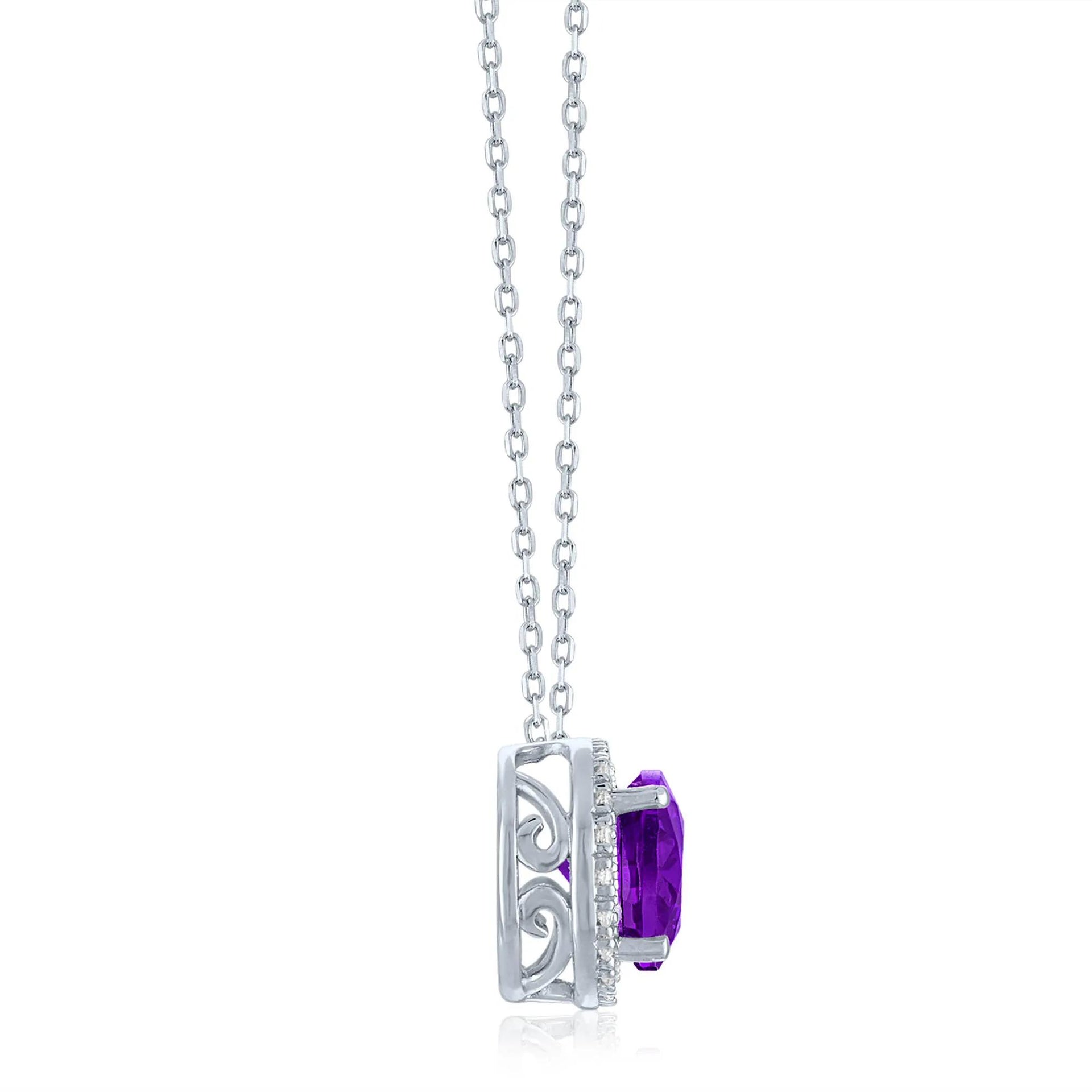Amethyst and Diamond Accent Halo Pendant Necklace .925 Sterling Silver White Size 18"