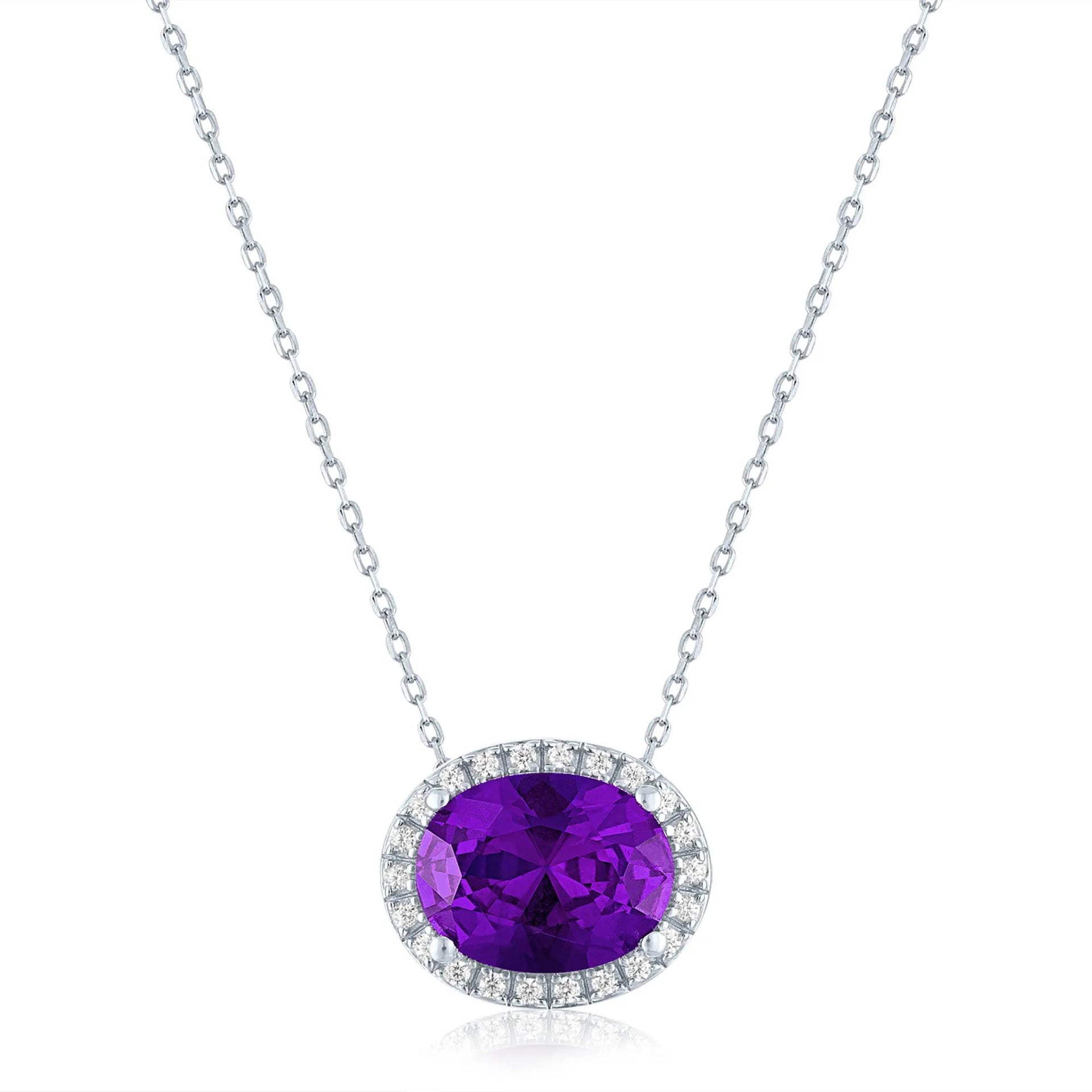 Amethyst and Diamond Accent Halo Pendant Necklace .925 Sterling Silver White Size 18"
