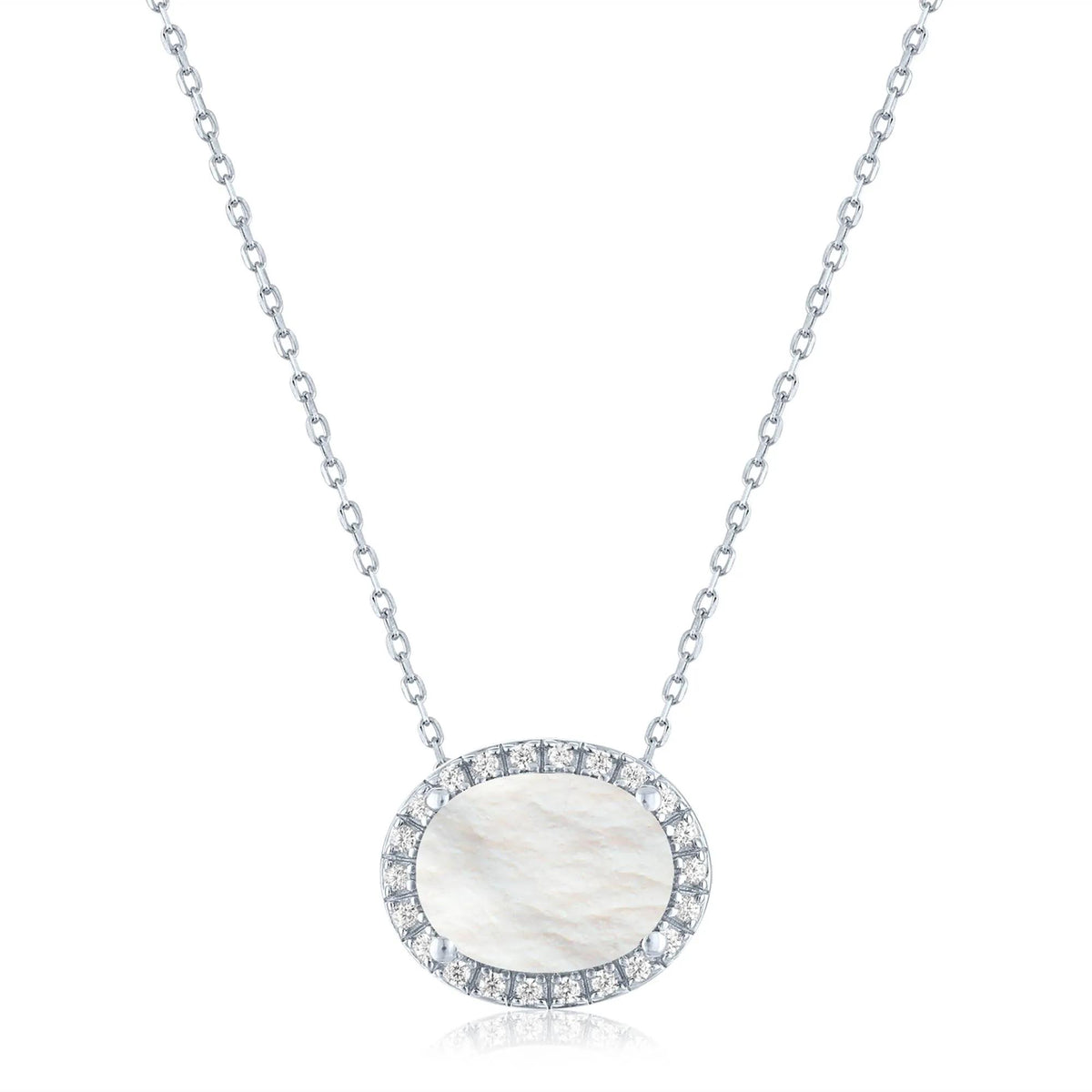Mother of Pearl and Diamond Accent Halo Pendant Necklace .925 Sterling Silver White Size 18"
