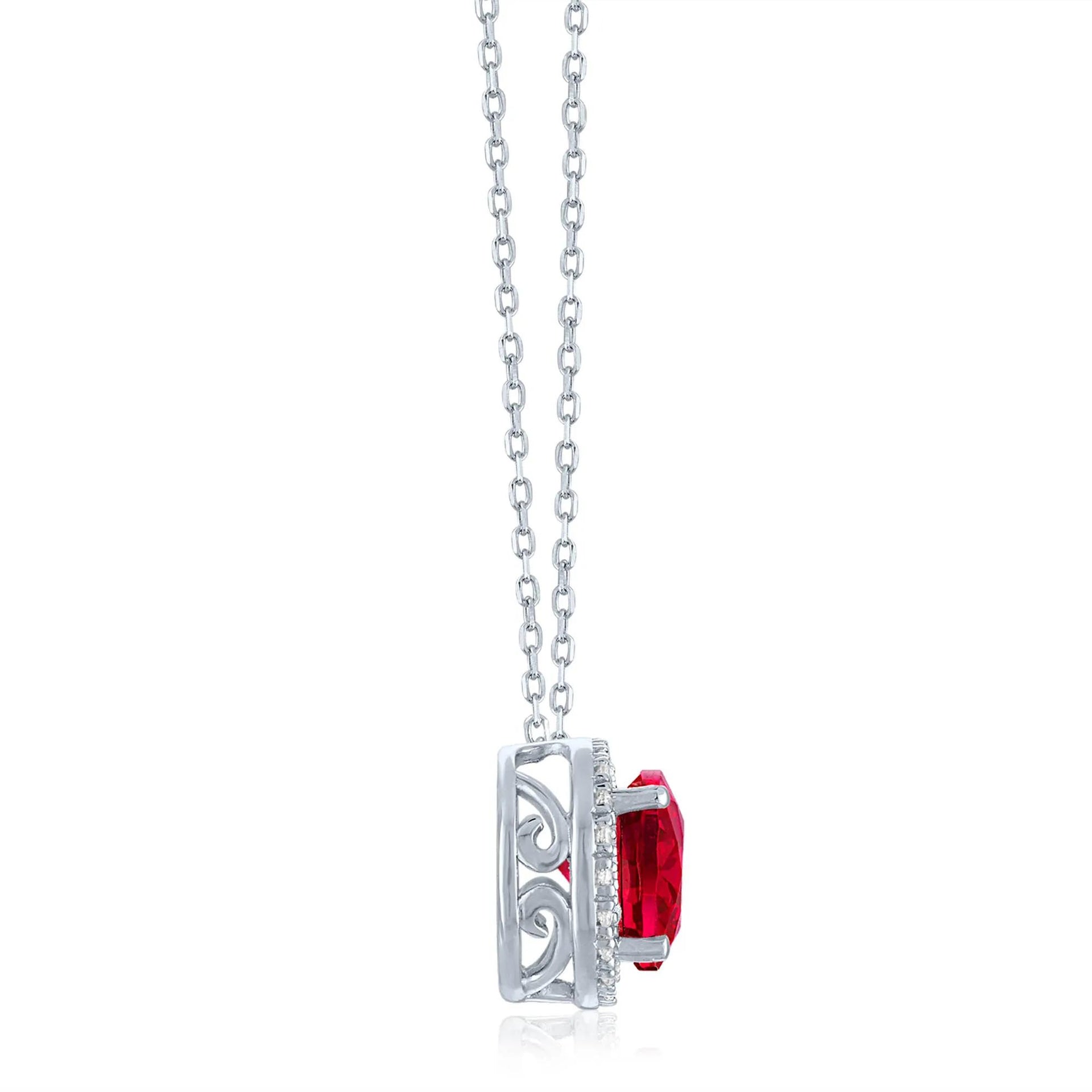Lab-Created Ruby and Diamond Accent Halo Pendant Necklace .925 Sterling Silver White Size 18"