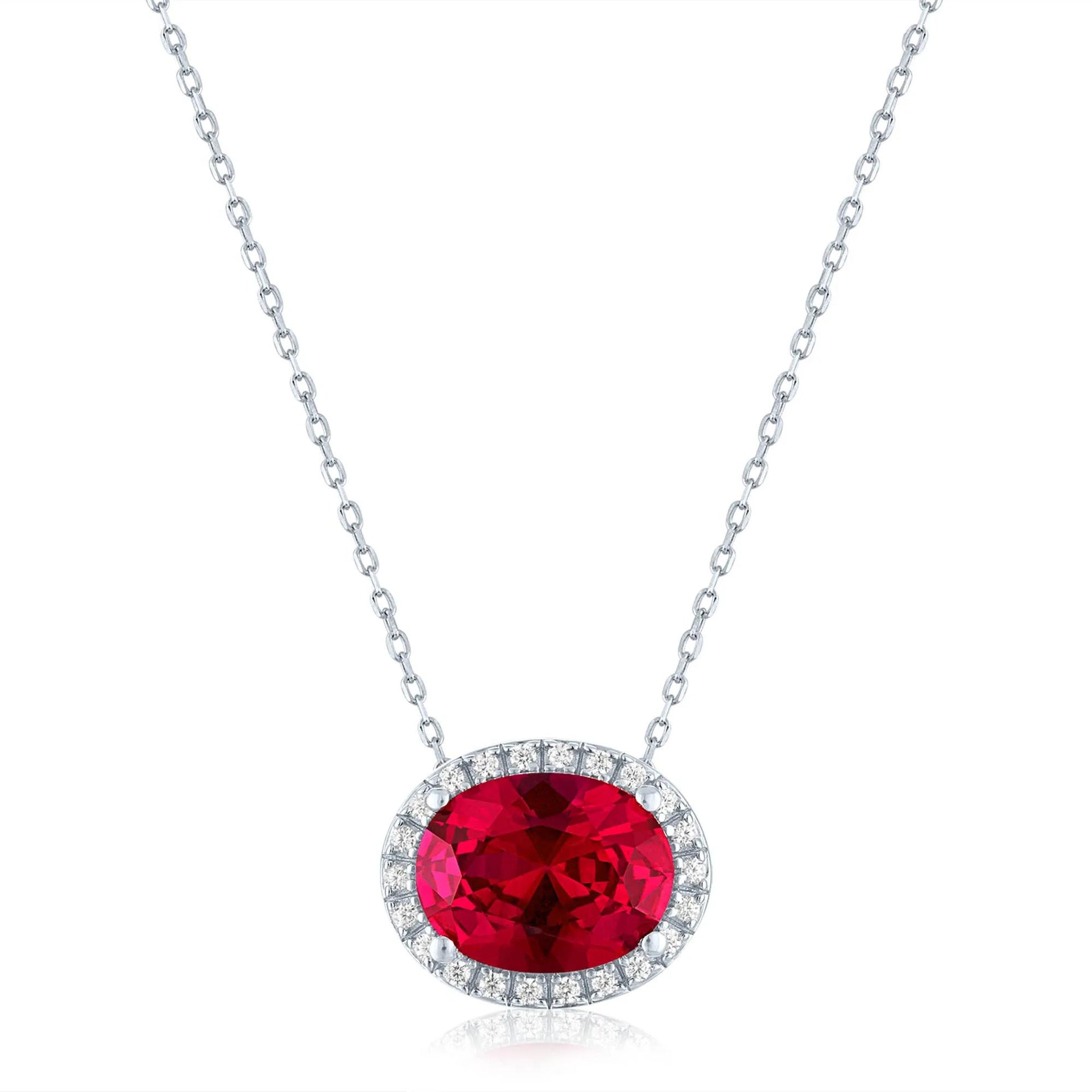 Lab-Created Ruby and Diamond Accent Halo Pendant Necklace .925 Sterling Silver White Size 18"