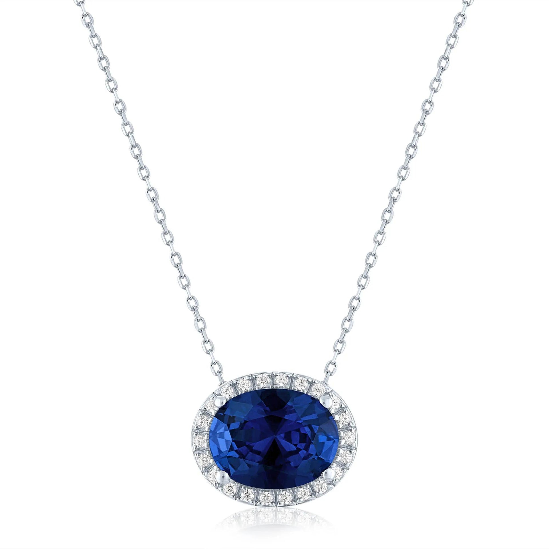 Lab-Created Blue Sapphire and Diamond Accent Halo Pendant Necklace .925 Sterling Silver White Size 18"