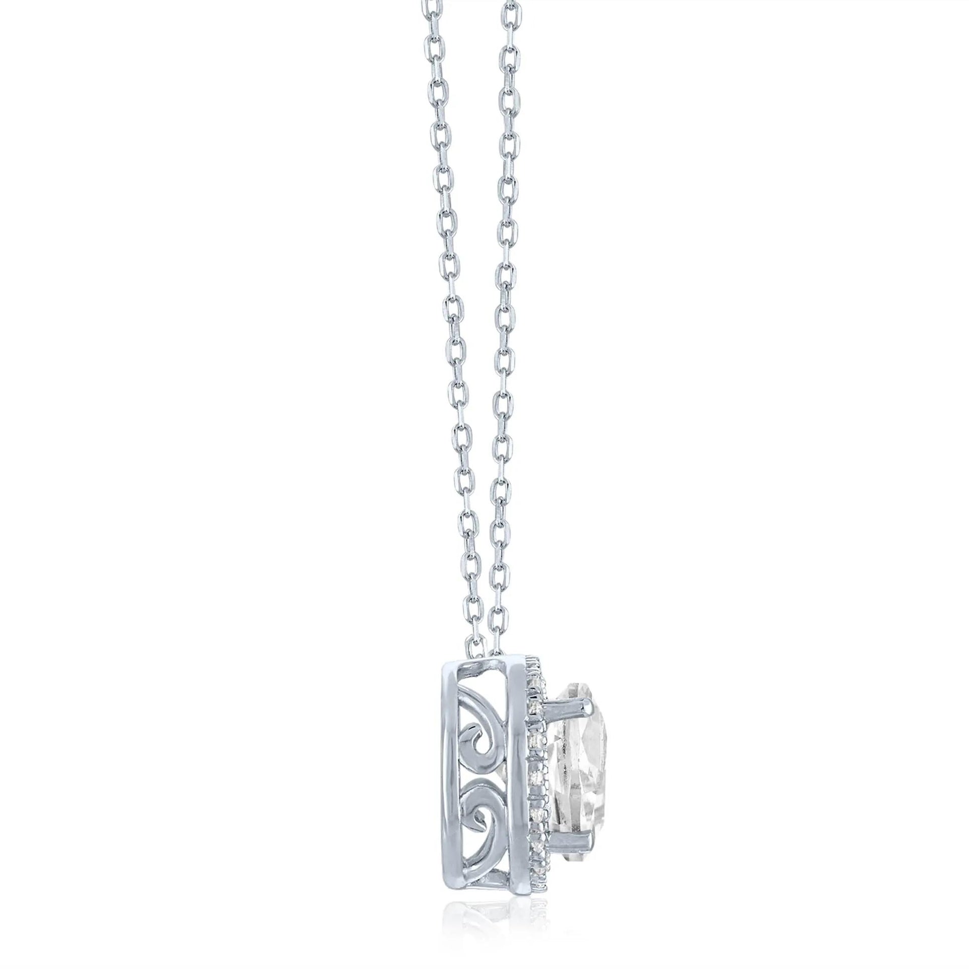 Lab-Created White Sapphire and Diamond Accent Halo Pendant Necklace .925 Sterling Silver Size 18"