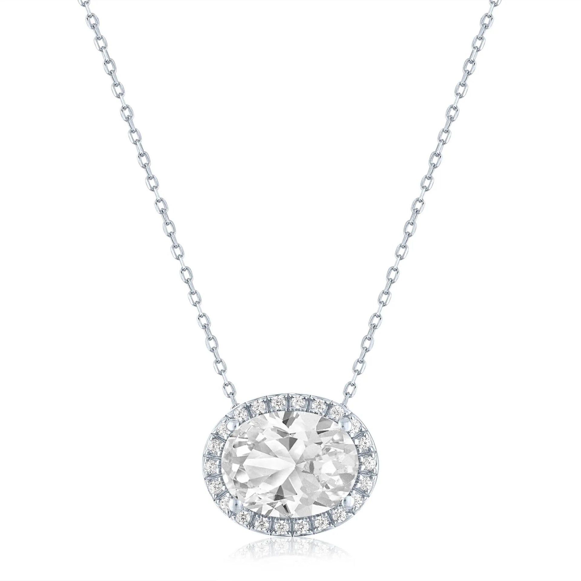 Lab-Created White Sapphire and Diamond Accent Halo Pendant Necklace .925 Sterling Silver Size 18"
