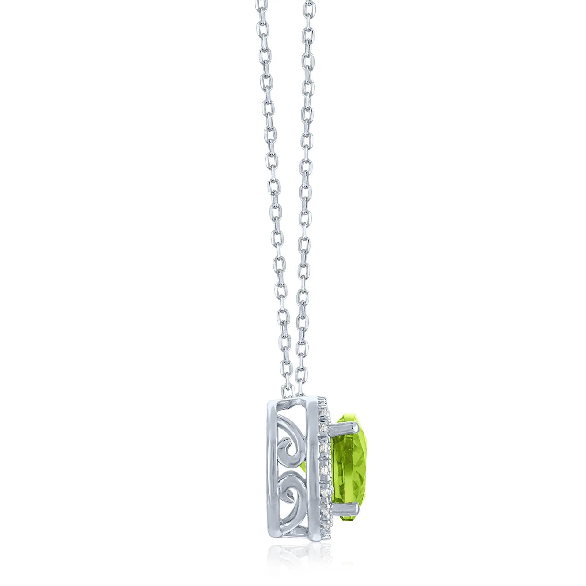 Peridot and Diamond Accent Halo Pendant Necklace .925 Sterling Silver White Size 18"