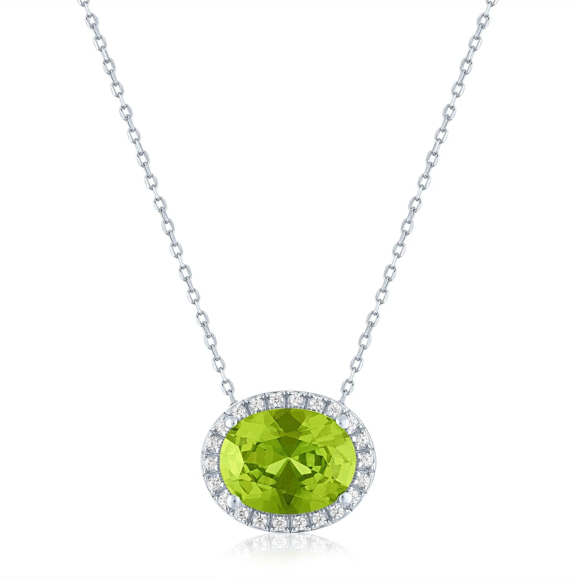 Peridot and Diamond Accent Halo Pendant Necklace .925 Sterling Silver White Size 18"
