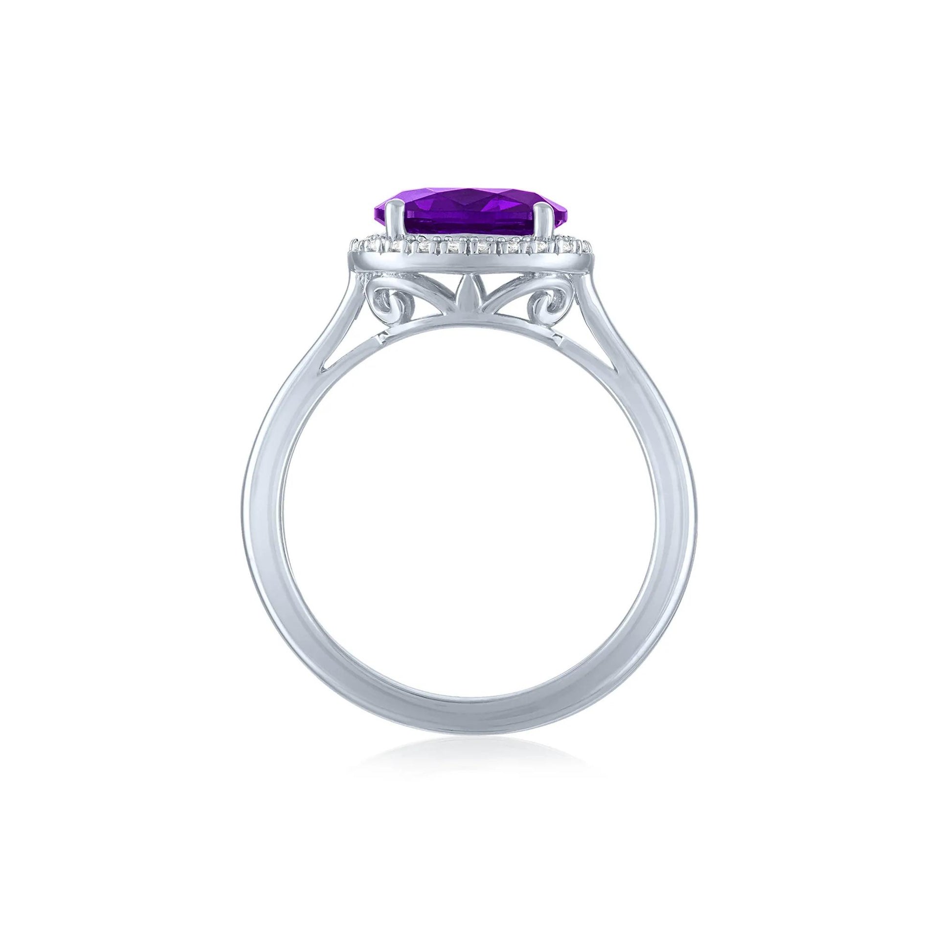 Amethyst and Diamond Accent Halo Ring .925 Sterling Silver White Size 5 1mm