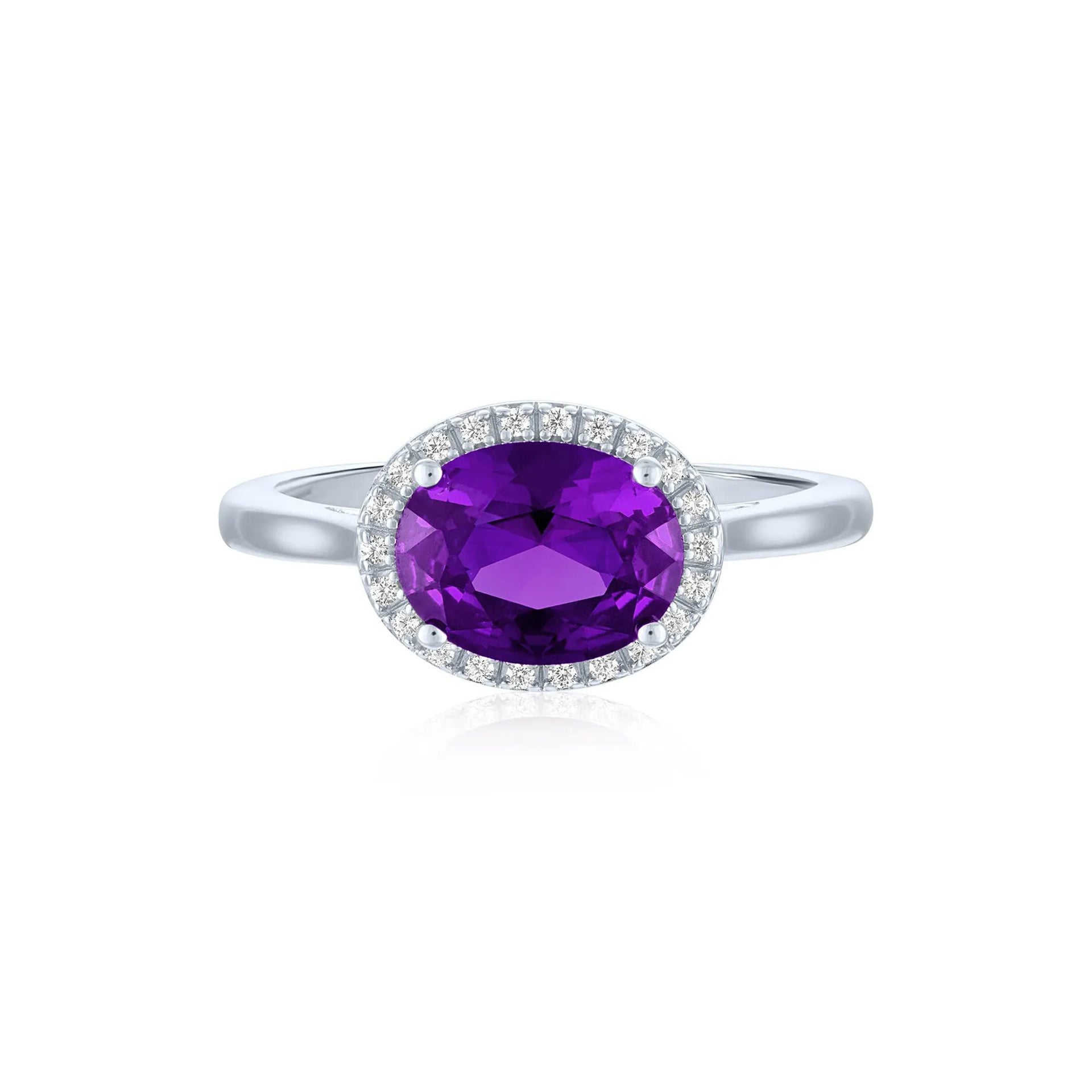 Amethyst and Diamond Accent Halo Ring .925 Sterling Silver White Size 5 1mm