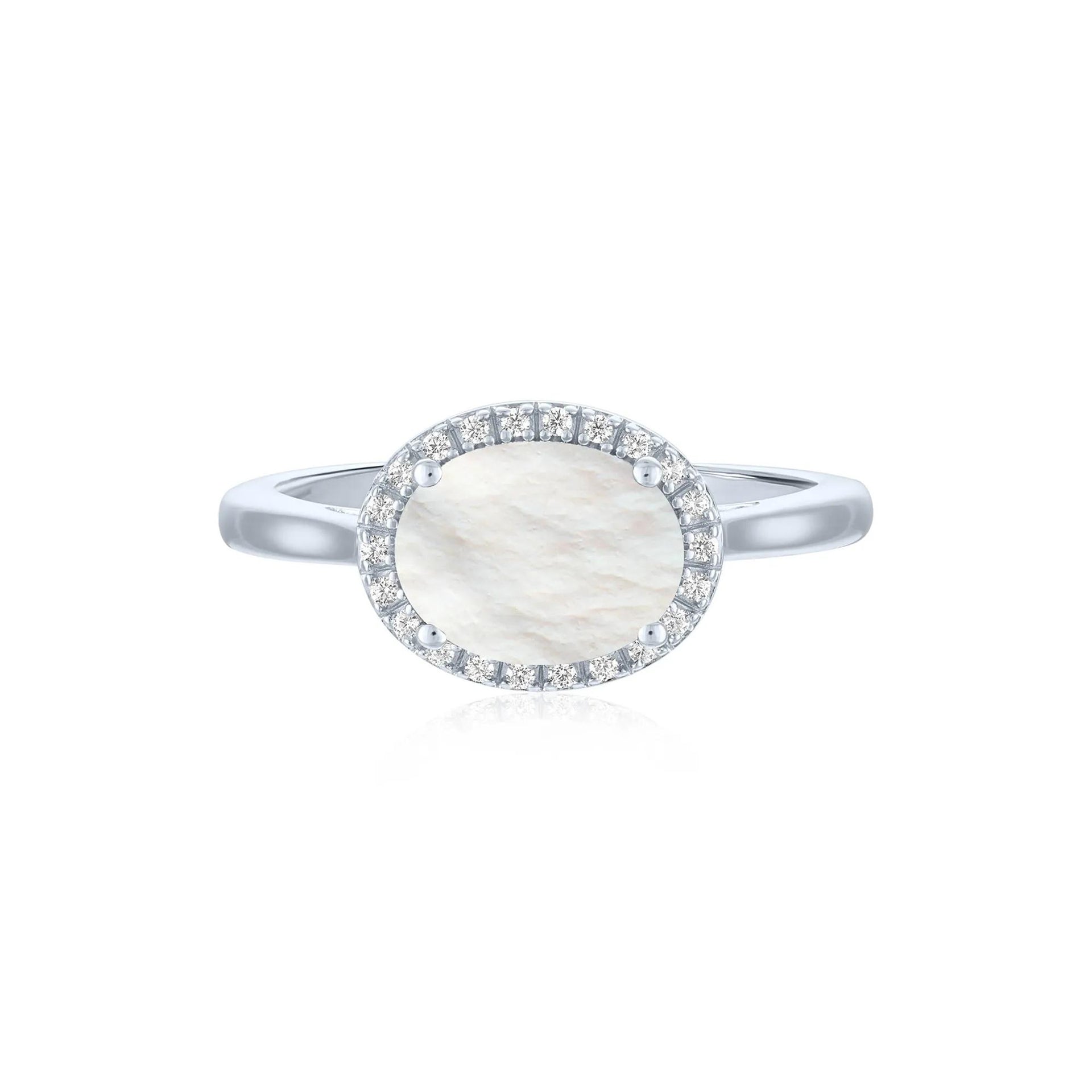 Mother of Pearl and Diamond Accent Halo Ring .925 Sterling Silver White Size 9 1mm