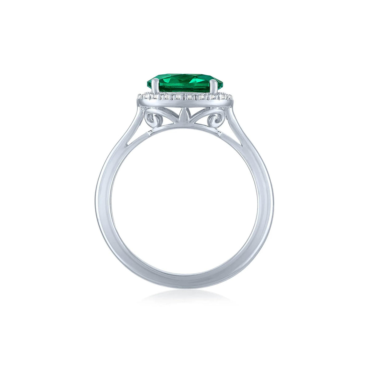 Lab-Created Emerald and Diamond Accent Halo Ring .925 Sterling Silver White Size 5.5 1mm