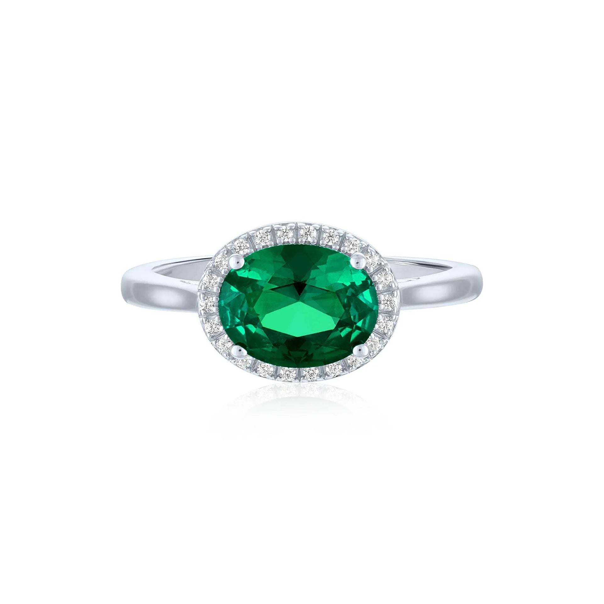 Lab-Created Emerald and Diamond Accent Halo Ring .925 Sterling Silver White Size 5.5 1mm