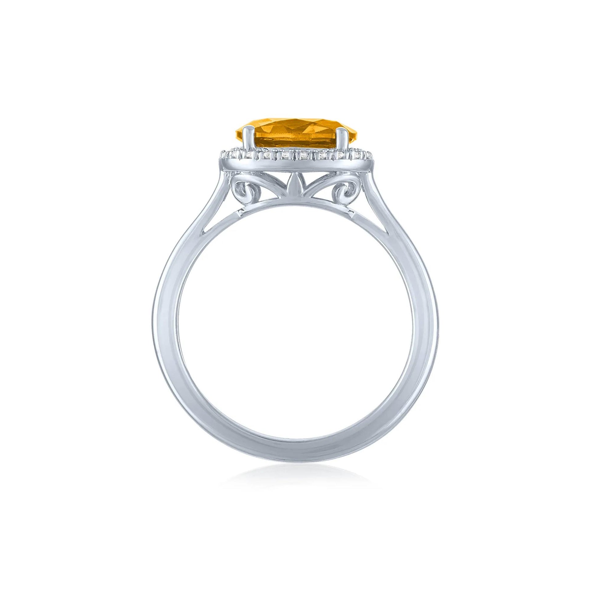Citrine and Diamond Accent Halo Ring .925 Sterling Silver White Size 9 1mm