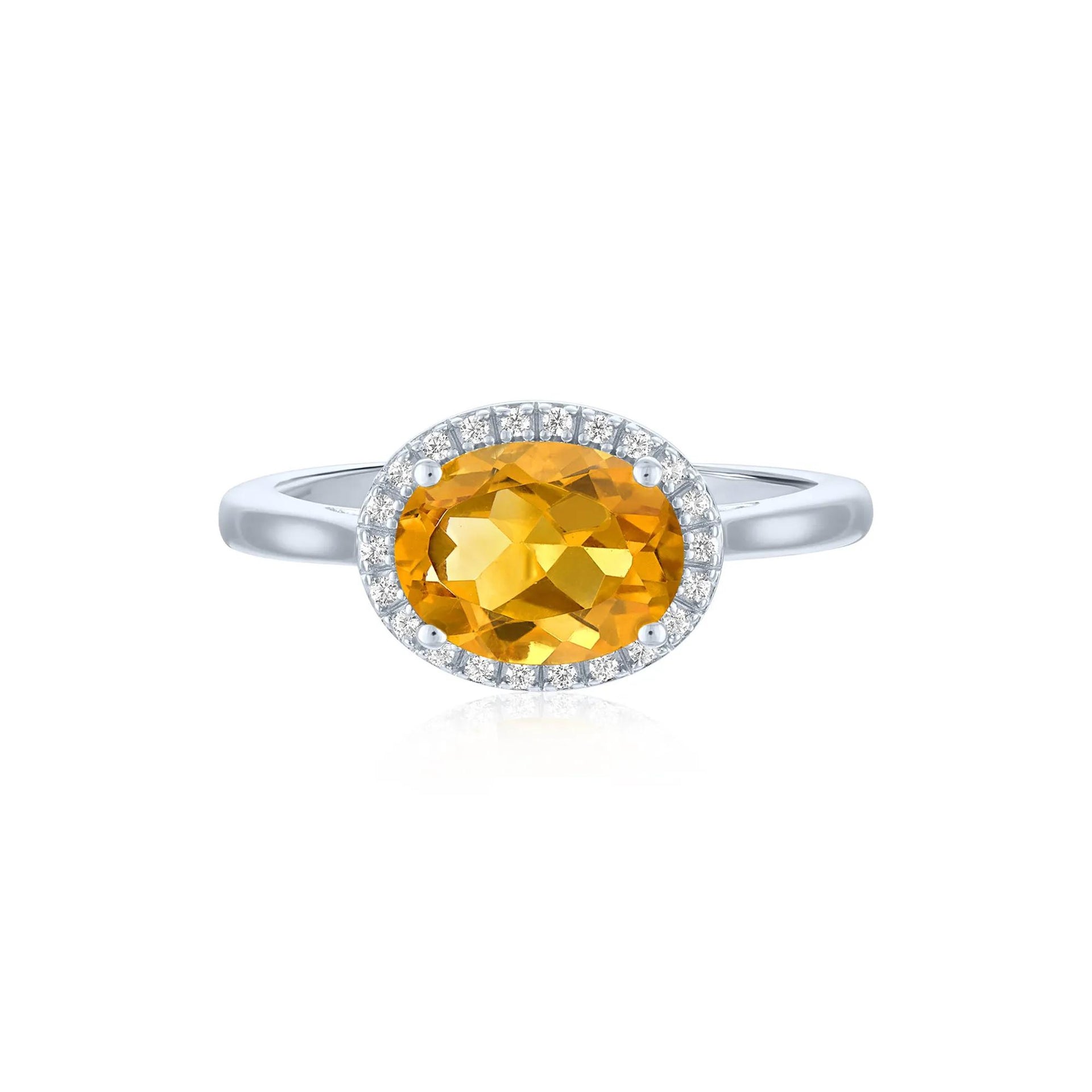 Citrine and Diamond Accent Halo Ring .925 Sterling Silver White Size 9 1mm