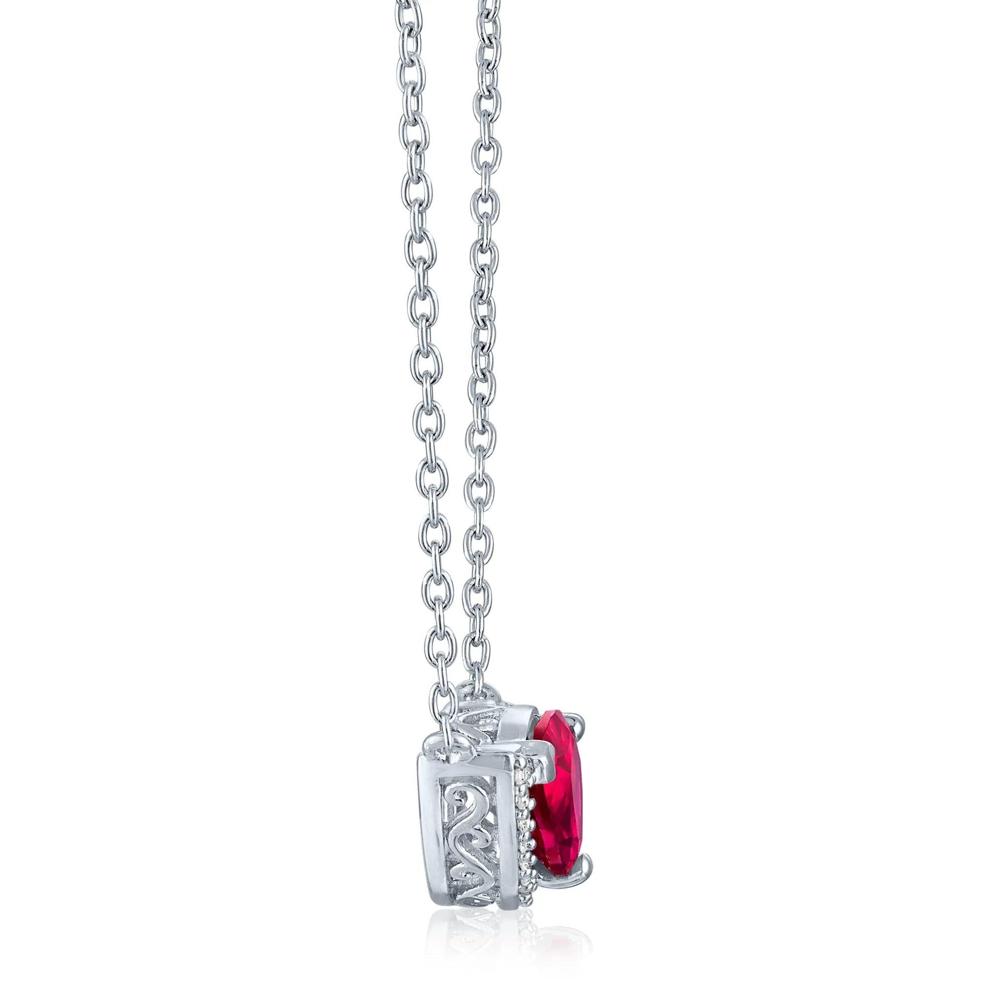 Lab-Created Ruby and Diamond Accent Pear-Shaped Half Halo Necklace .925 Sterling Silver White Size 17.5"