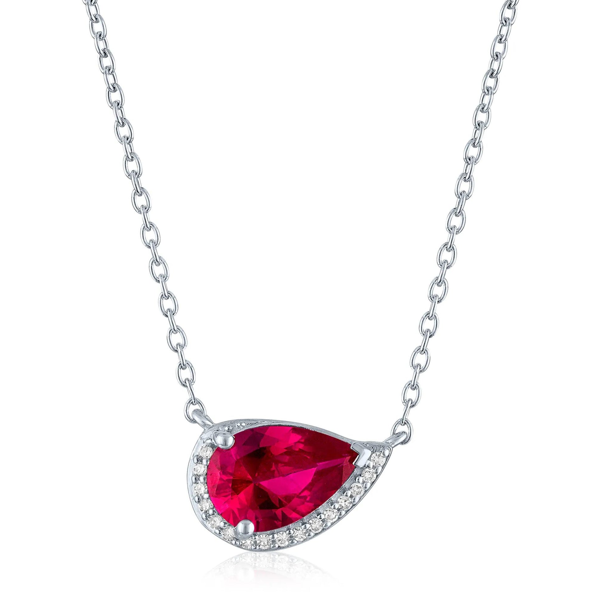 Lab-Created Ruby and Diamond Accent Pear-Shaped Half Halo Necklace .925 Sterling Silver White Size 17.5"