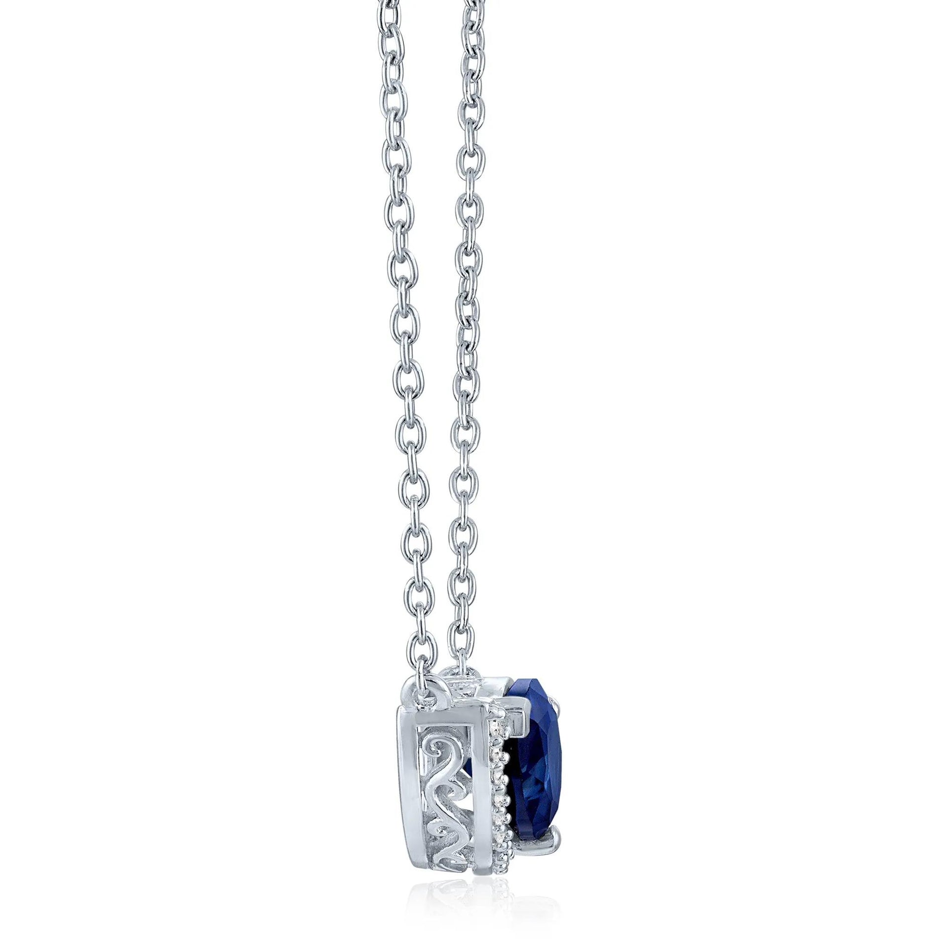 Lab-Created Blue Sapphire and Diamond Accent Pear-Shaped Half Halo Necklace .925 Sterling Silver White Size 17.5"