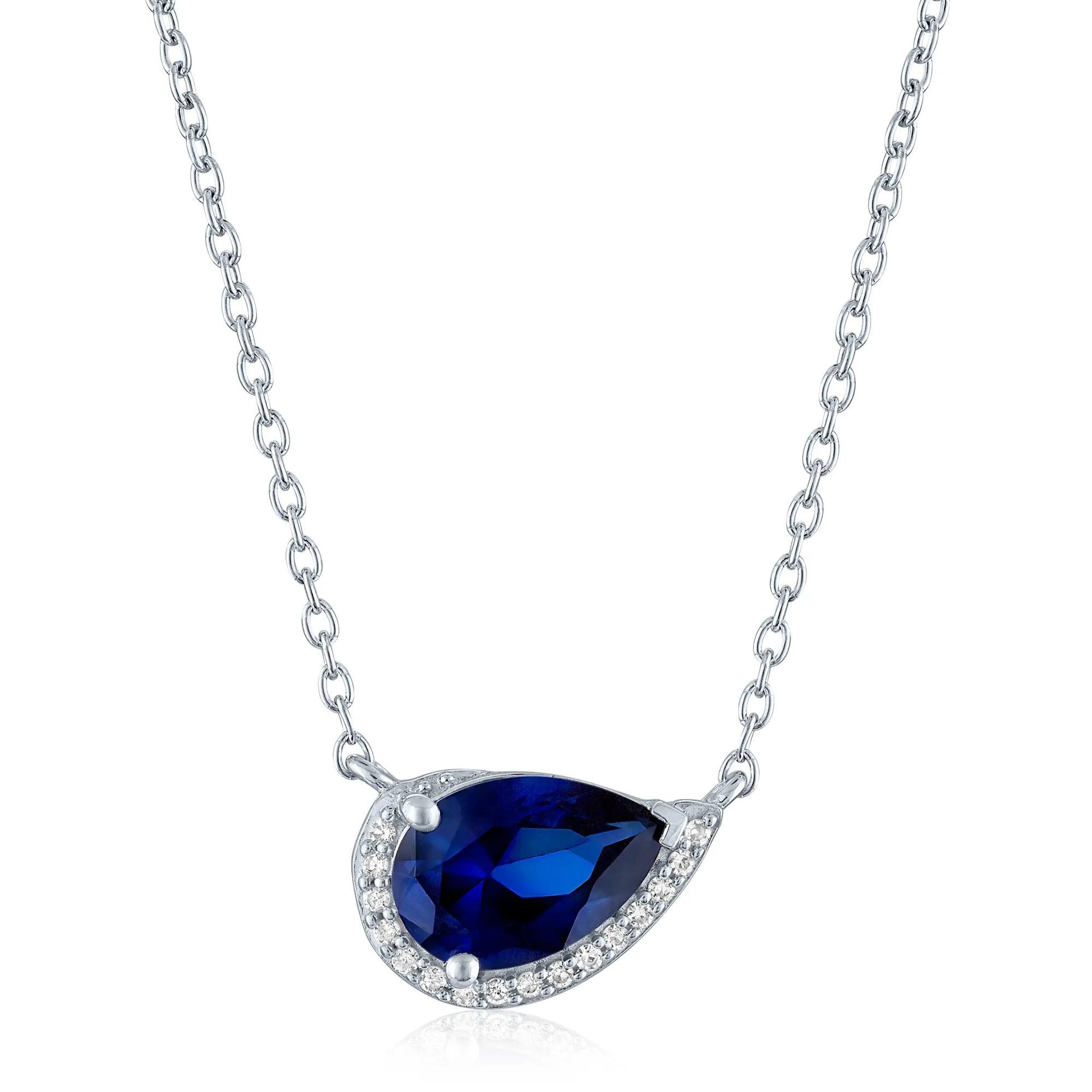 Lab-Created Blue Sapphire and Diamond Accent Pear-Shaped Half Halo Necklace .925 Sterling Silver White Size 17.5"
