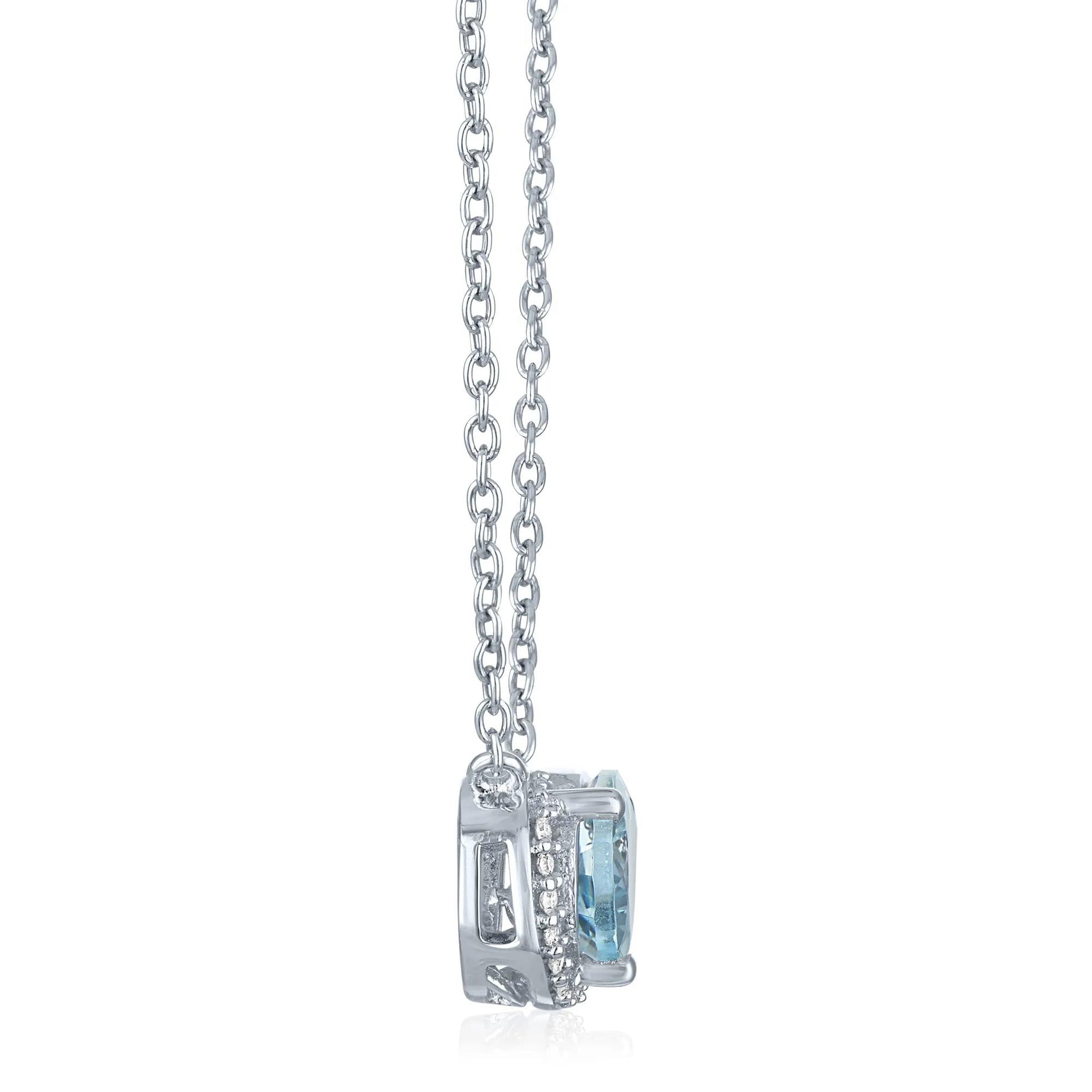 Aquamarine and Diamond Accent Pear-Shaped Half Halo Necklace .925 Sterling Silver White Size 17.5"