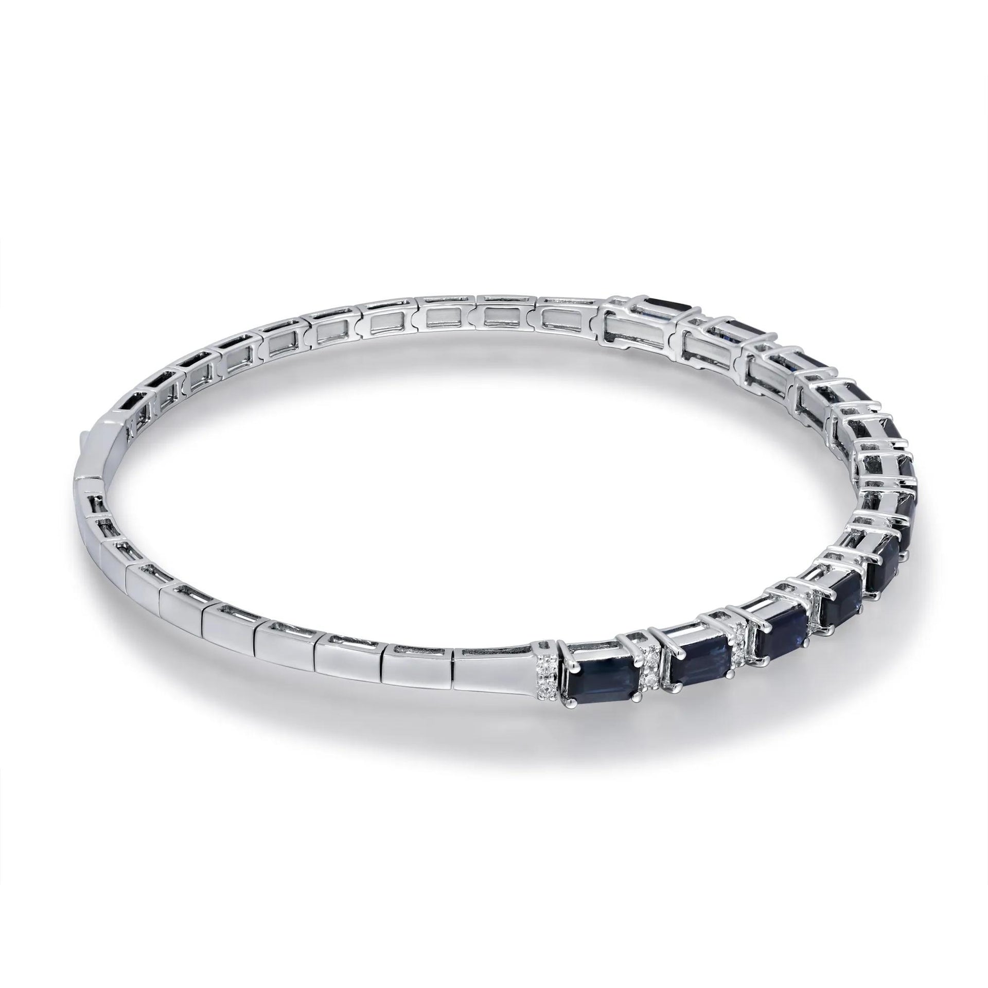1/4 CT. Tw. Blue Sapphire and Diamond Bangle Bracelet 14K White Gold Size 3.50mm