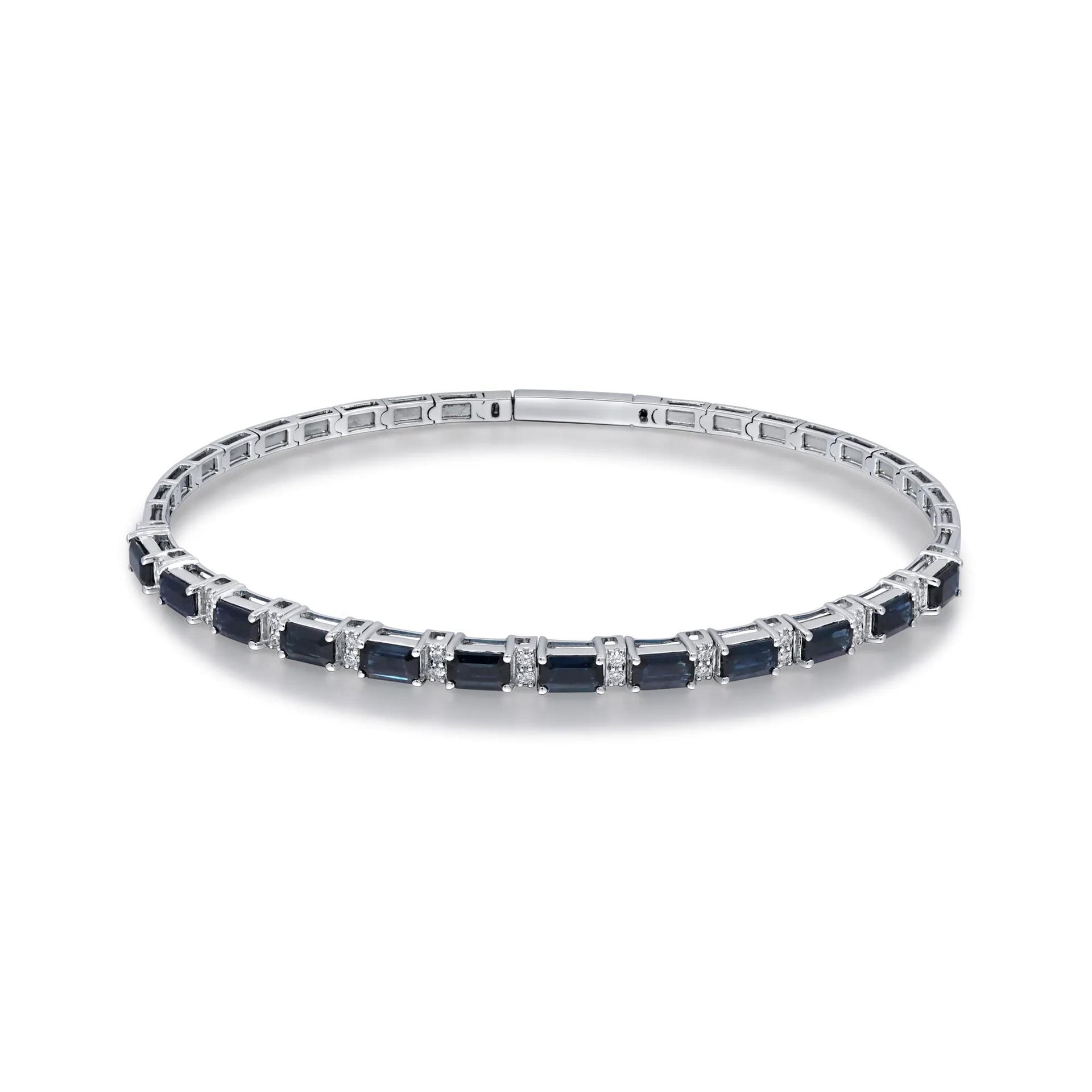 1/4 CT. Tw. Blue Sapphire and Diamond Bangle Bracelet 14K White Gold Size 3.50mm