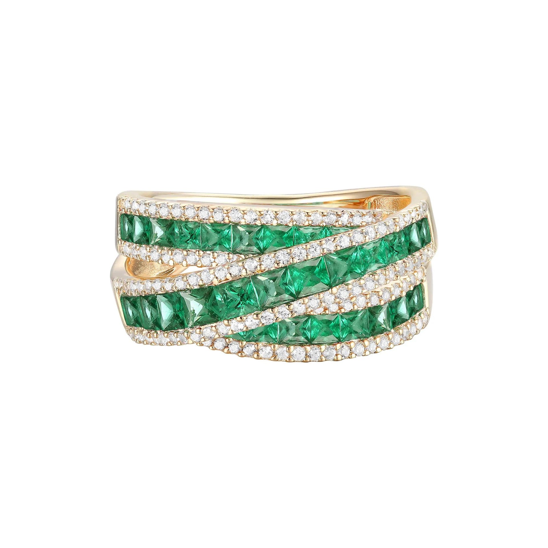 1/2 CT. Tw. Emerald and Diamond Crossover Ring 10K Yellow Gold Size 8 1mm