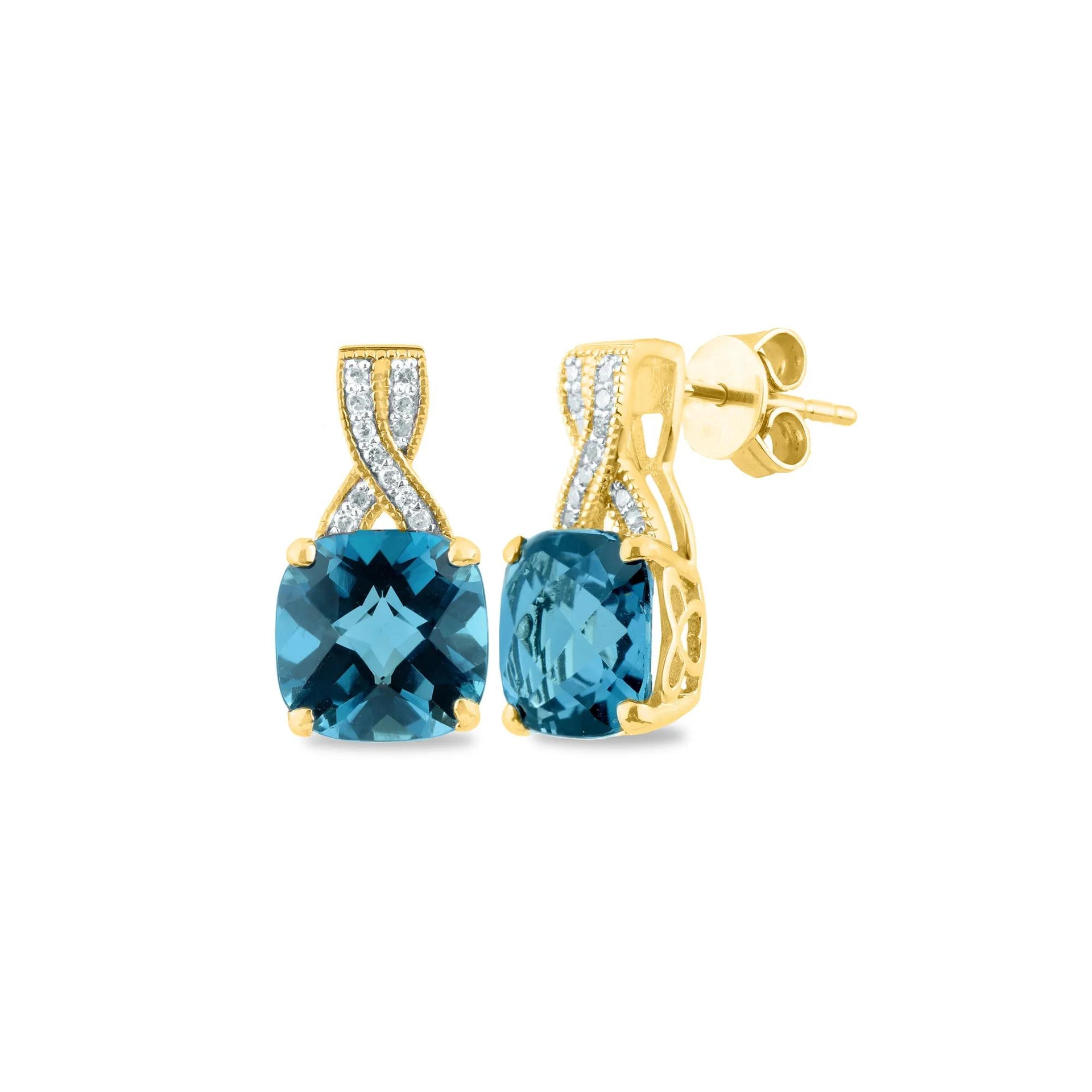 1/10 CT. Tw. London Blue Topaz and Diamond Dangle Earrings 14K Yellow Gold Size 15.00mm