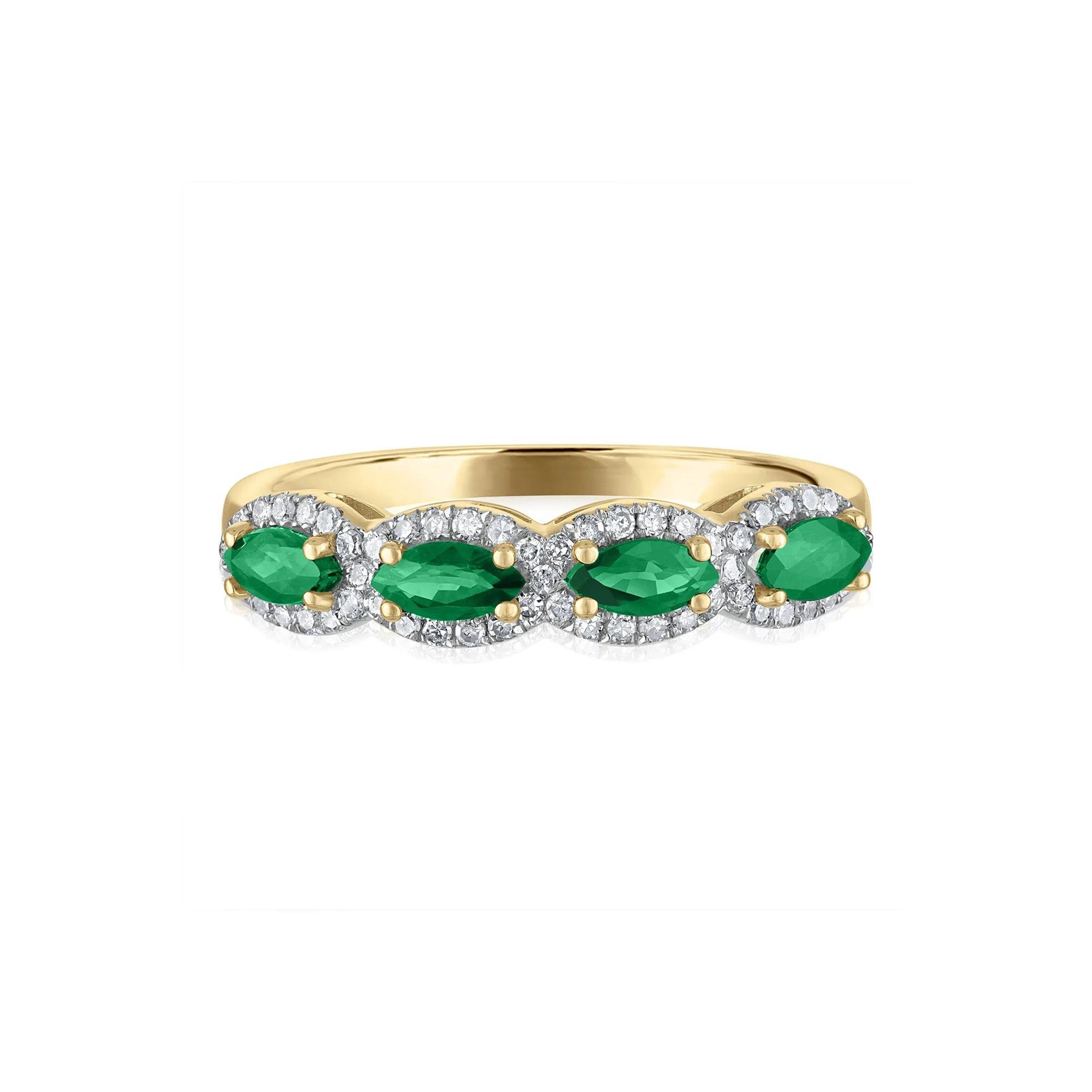 1/4 CT. Tw. Emerald & Diamond Halo Band Ring 14K Yellow Gold Size 7 1.5mm