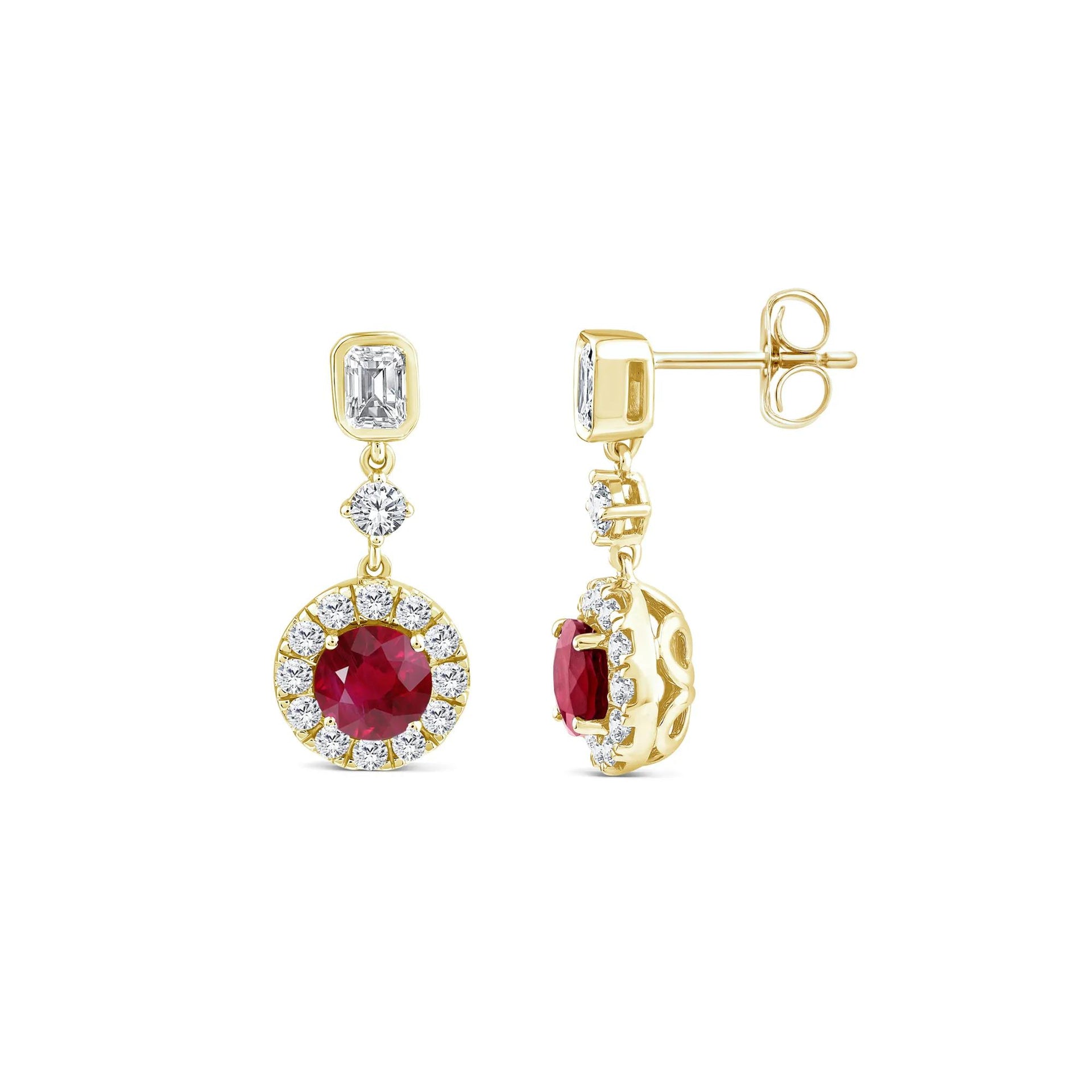 3/4 CT. Tw. Ruby and Diamond Halo Drop Earring 10K Yellow Gold Size 8.10mm