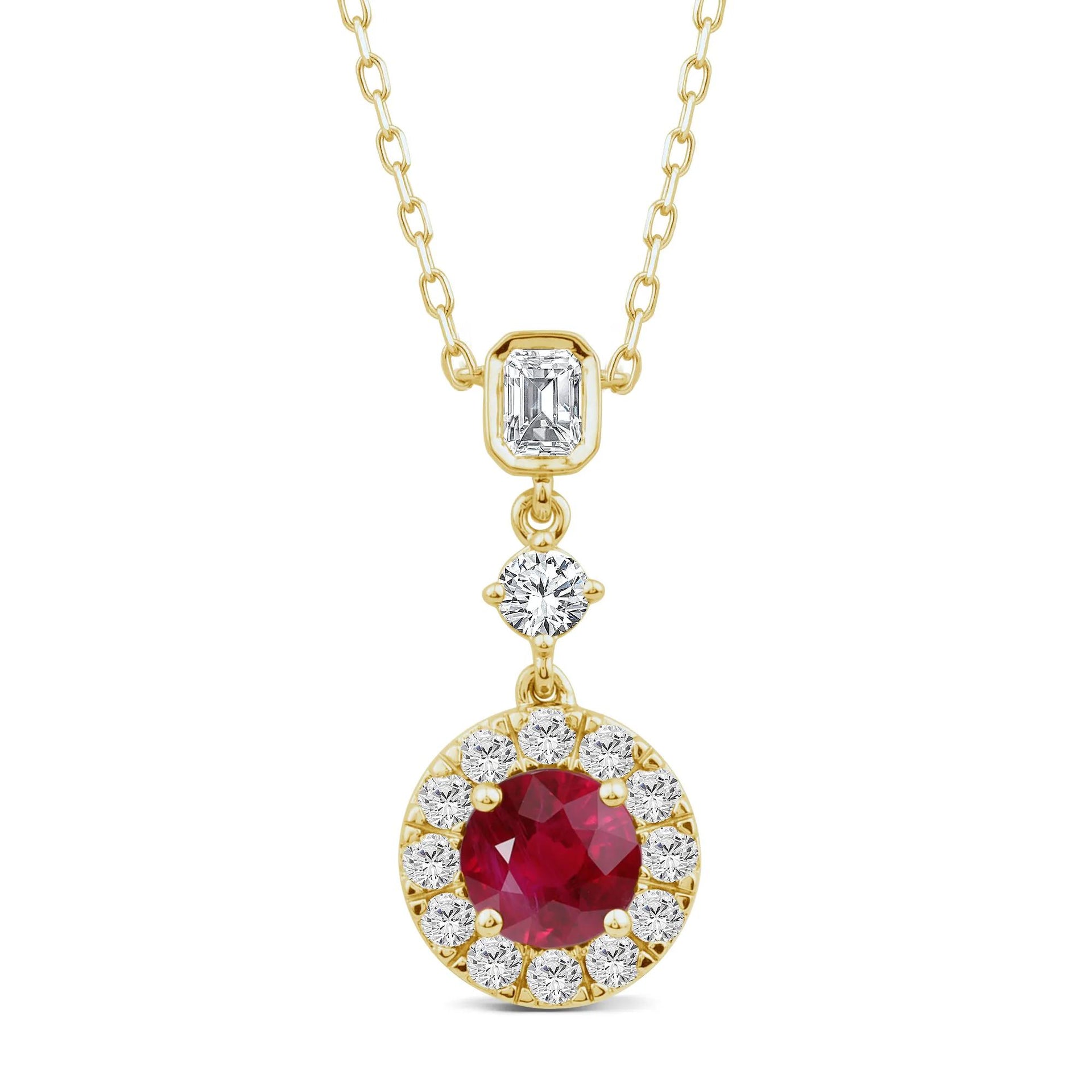 1 CT. Tw. Ruby and Diamond Halo Pendant Necklace 10K Yellow Gold Size 16.5"