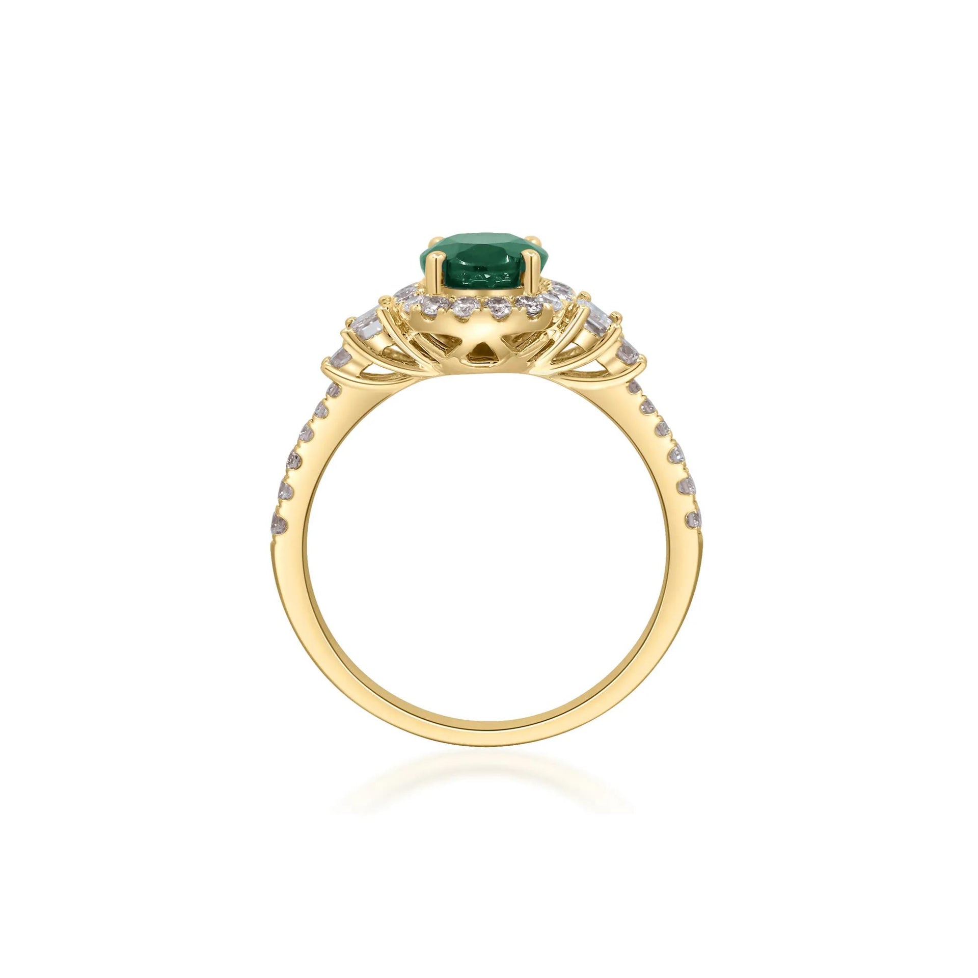 5/8 CT. Tw. Emerald and Diamond Oval Halo Ring 14K Yellow Gold Round Brilliant Cut Size 7.5 2mm