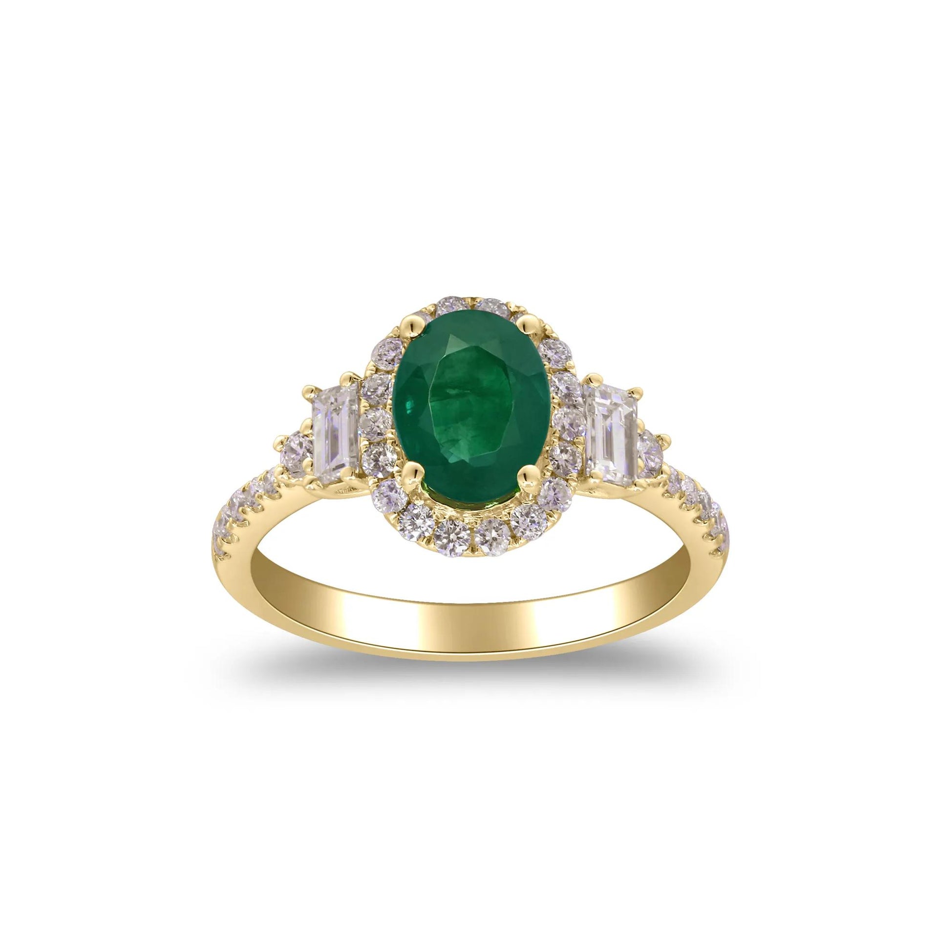 5/8 CT. Tw. Emerald and Diamond Oval Halo Ring 14K Yellow Gold Round Brilliant Cut Size 7.5 2mm