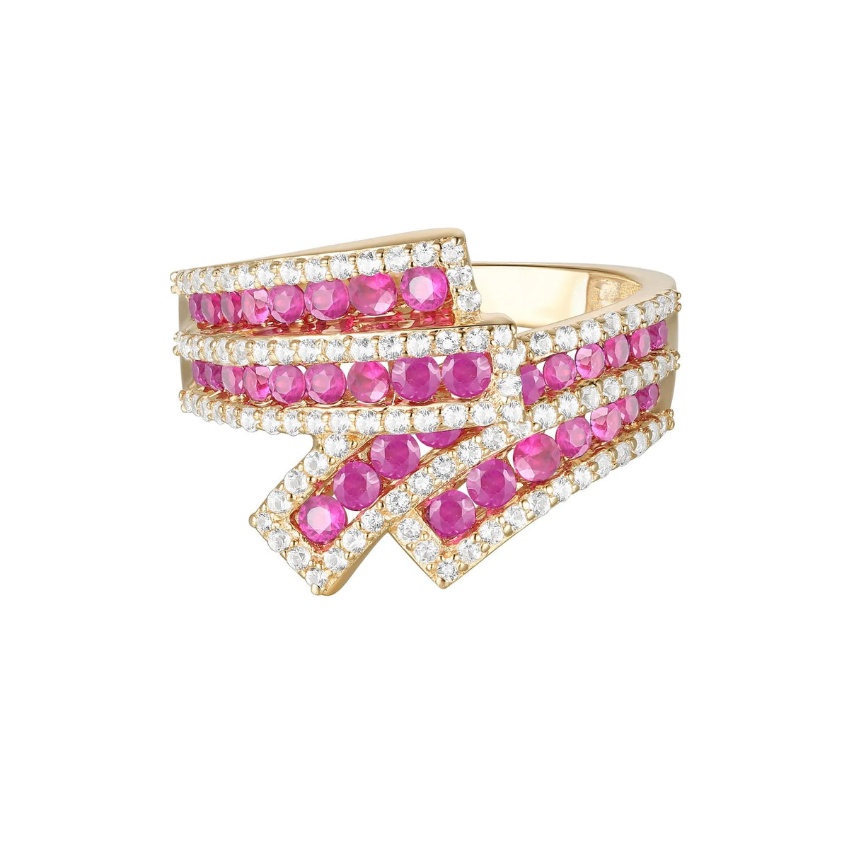 1/2 CT. Tw. Ruby and Diamond Ribbon Ring 10K Yellow Gold Round Brilliant Cut Size 8.5 1mm