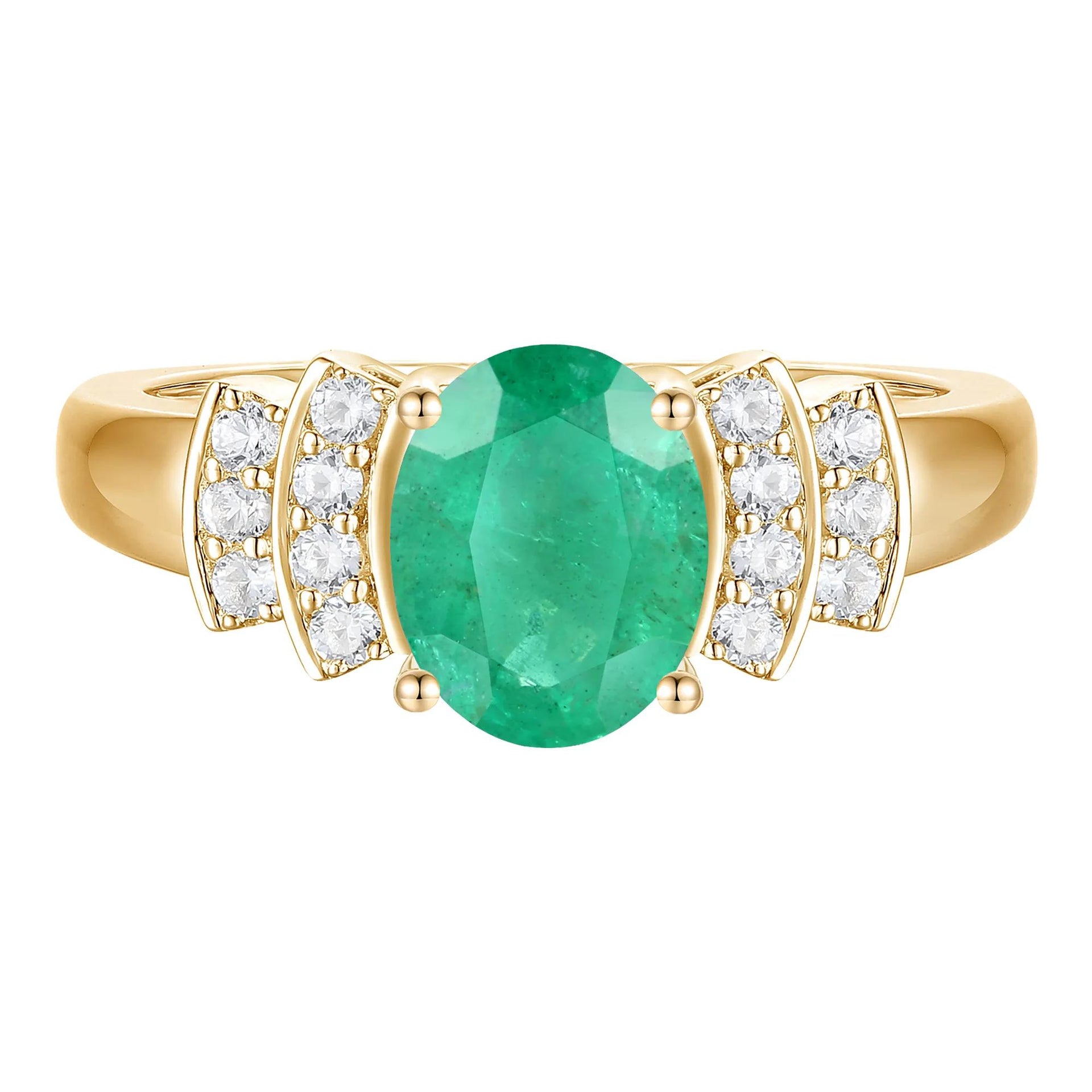 1/5 CT. Tw. Emerald and Diamond Ring 14K Yellow Gold Round Brilliant Cut Size 8 1mm