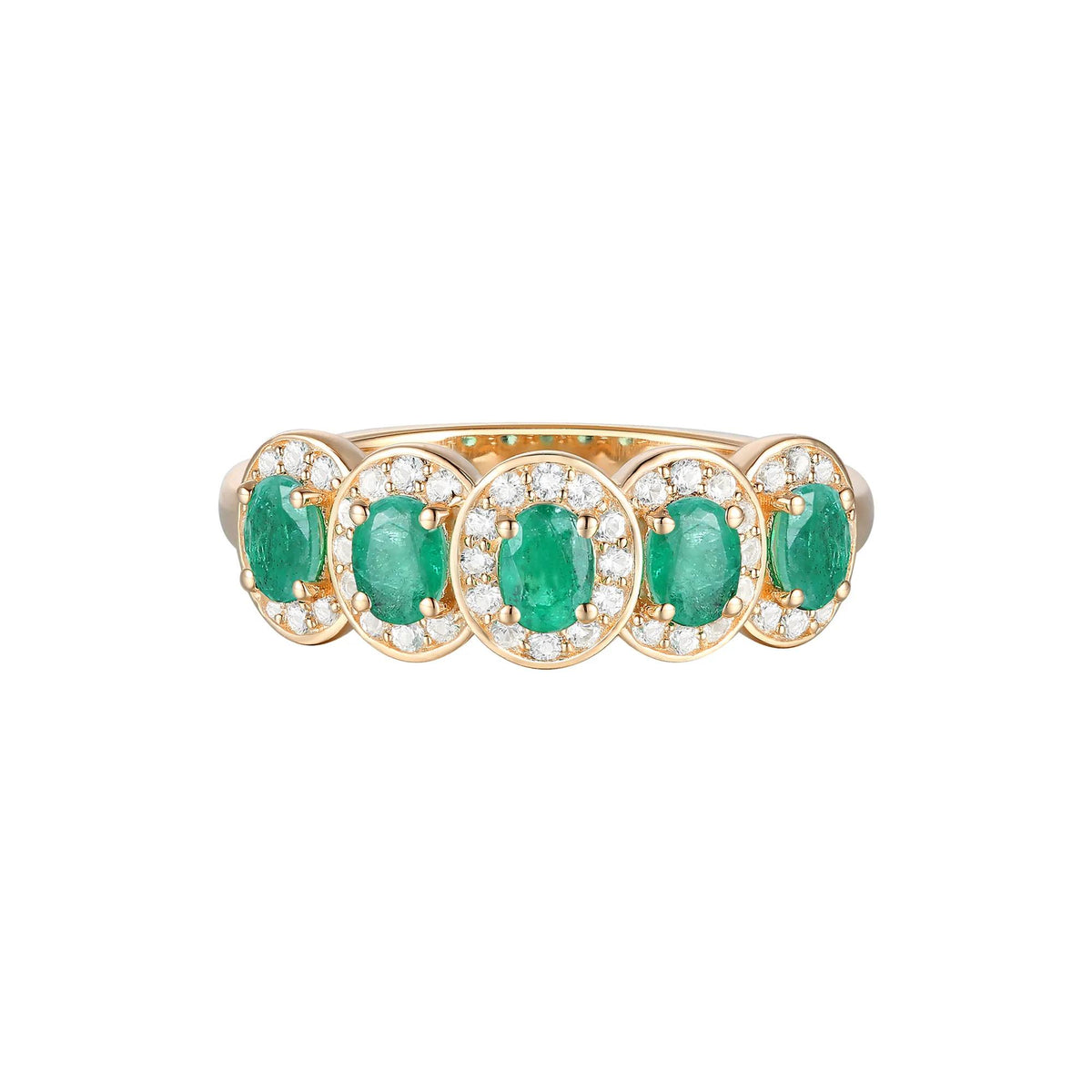 1/4 CT. Tw. Emerald and Diamond Oval Band Ring 14K Yellow Gold Round Brilliant Cut Size 7 1mm