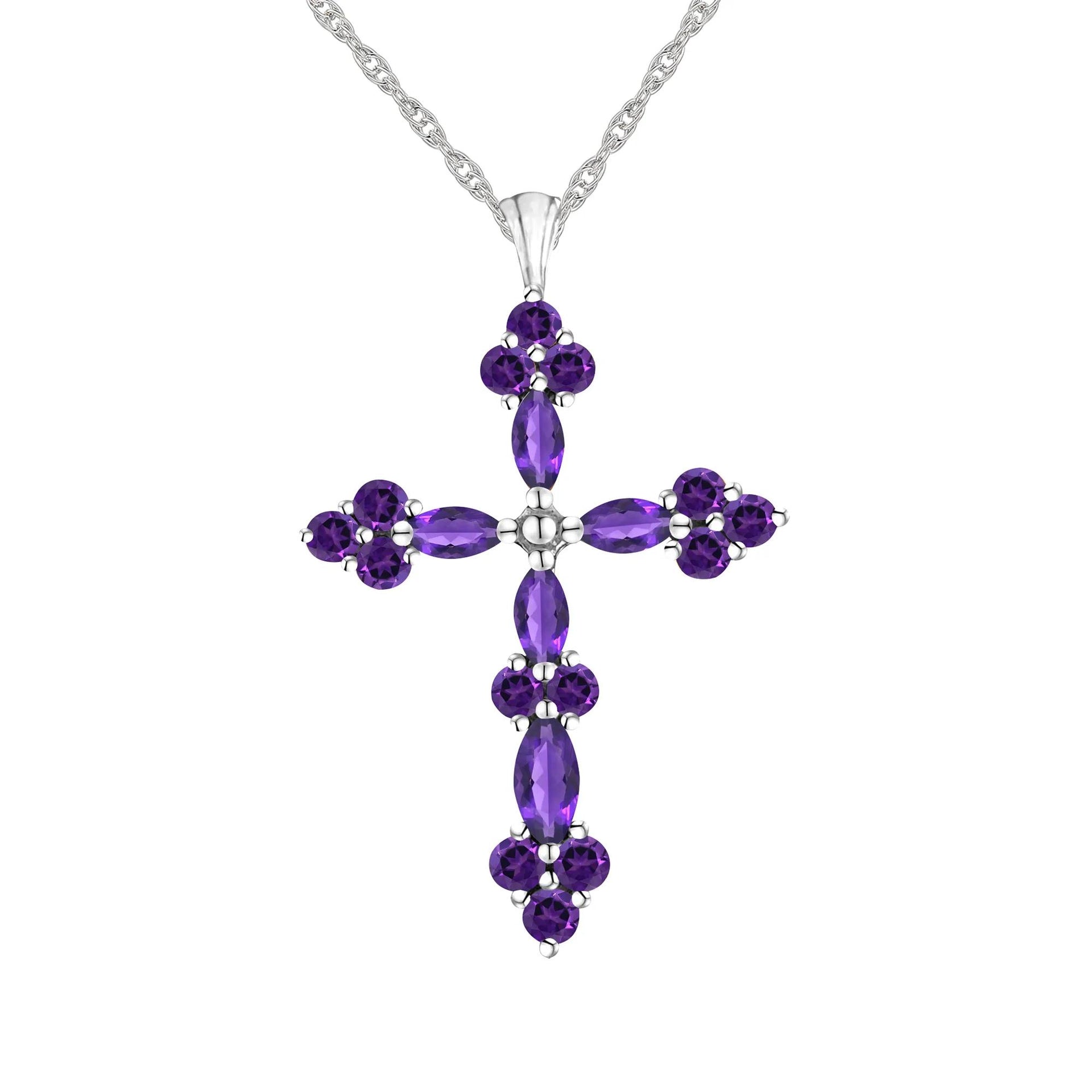 Amethyst Cross Pendant Necklace .925 Sterling Silver White Size 18"