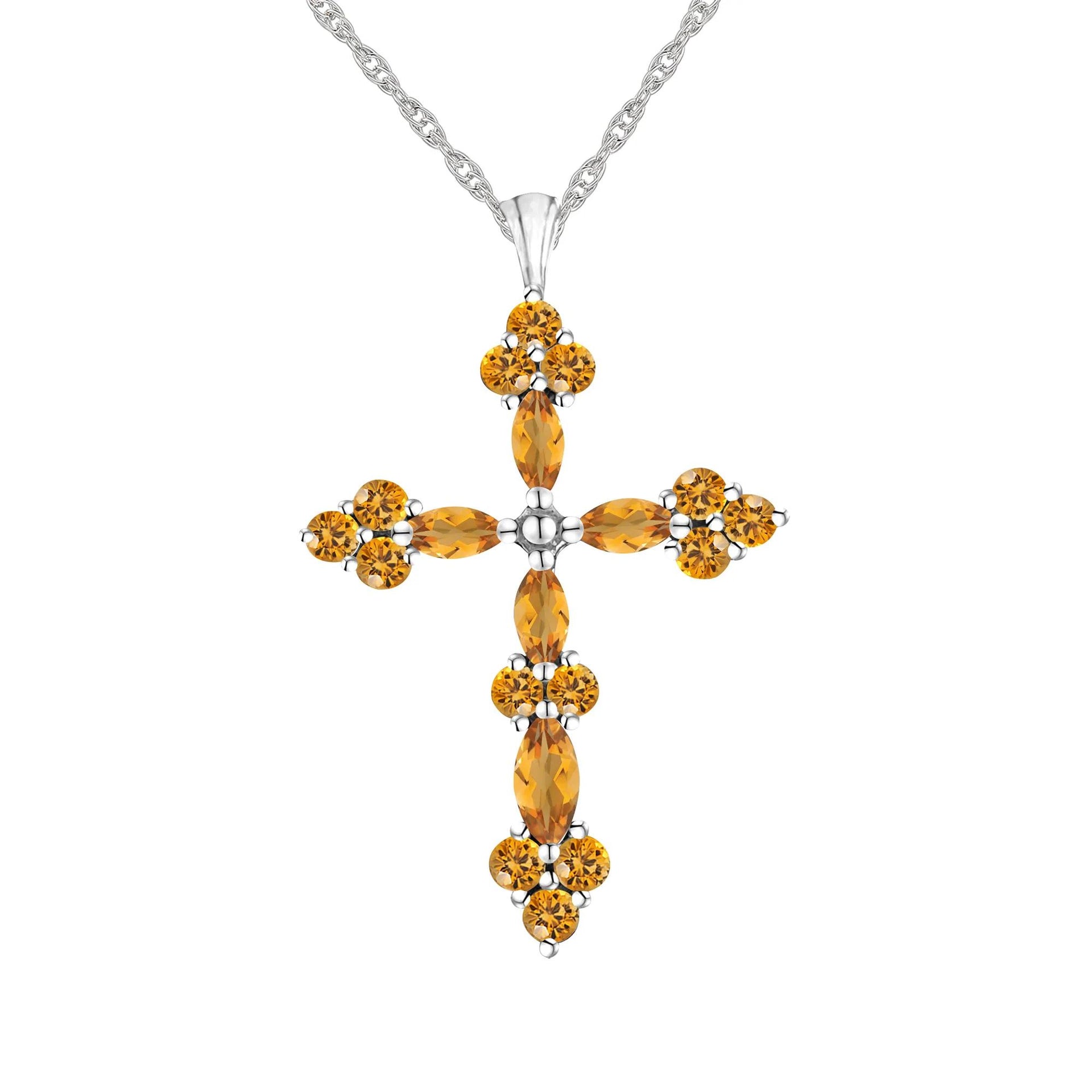 Citrine Cross Pendant Necklace .925 Sterling Silver White Size 18"