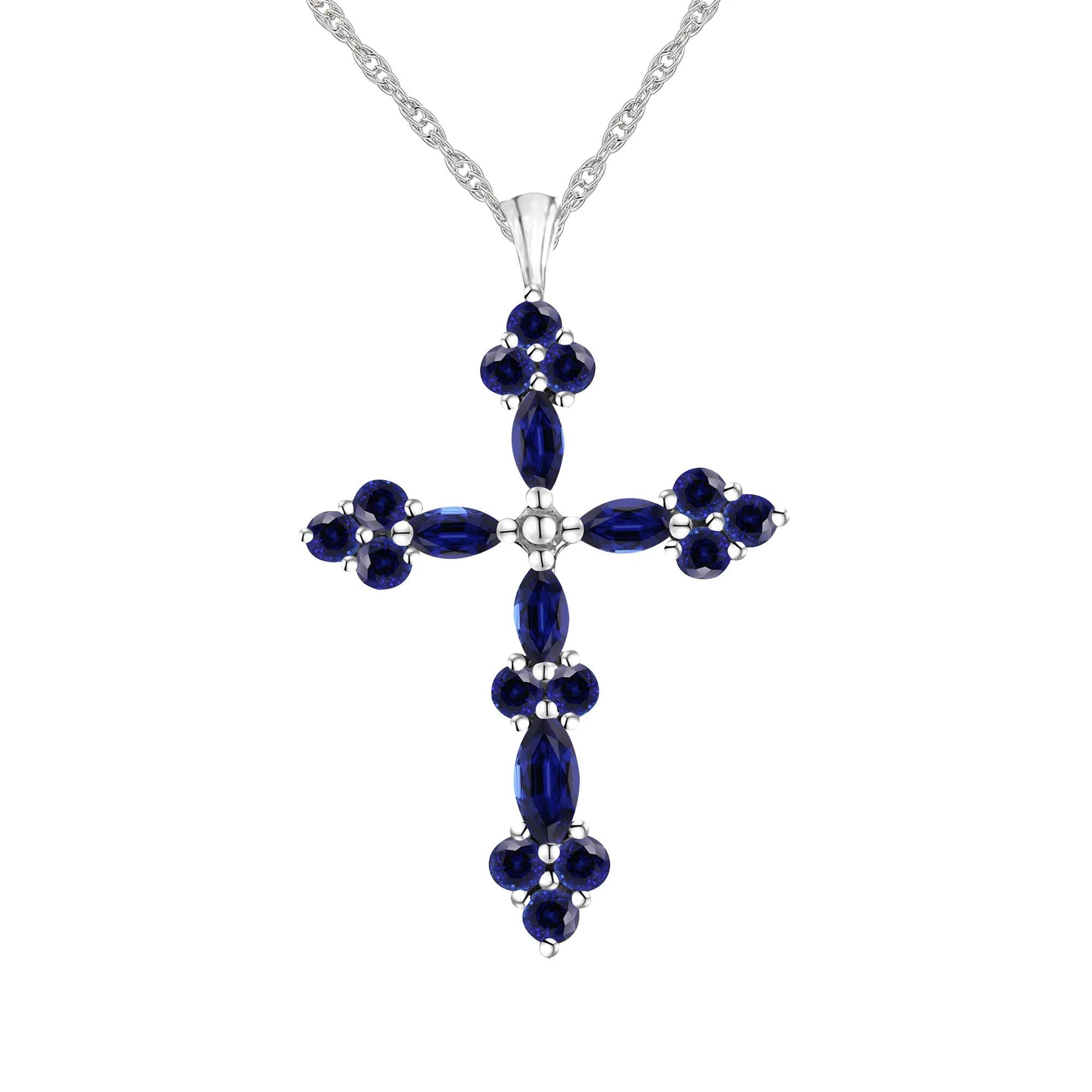 Lab-Created Blue Sapphire Cross Pendant Necklace .925 Sterling Silver White Size 18"
