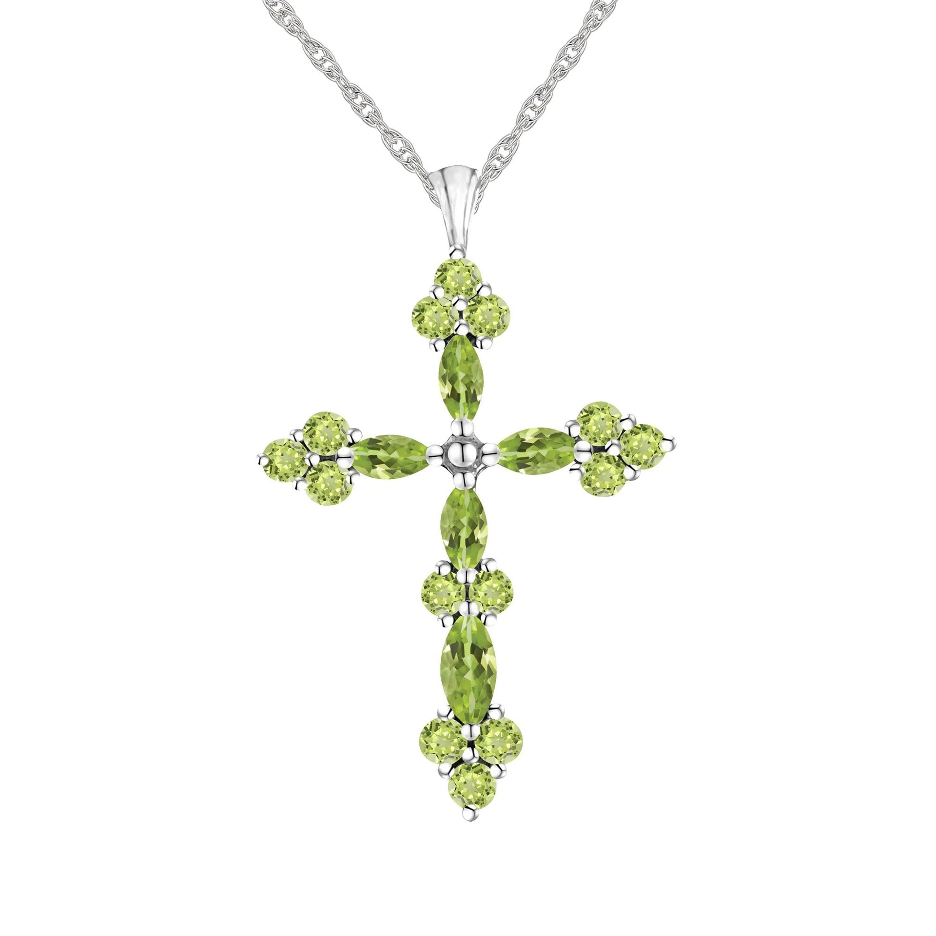 Peridot Cross Pendant Necklace .925 Sterling Silver White Size 18"