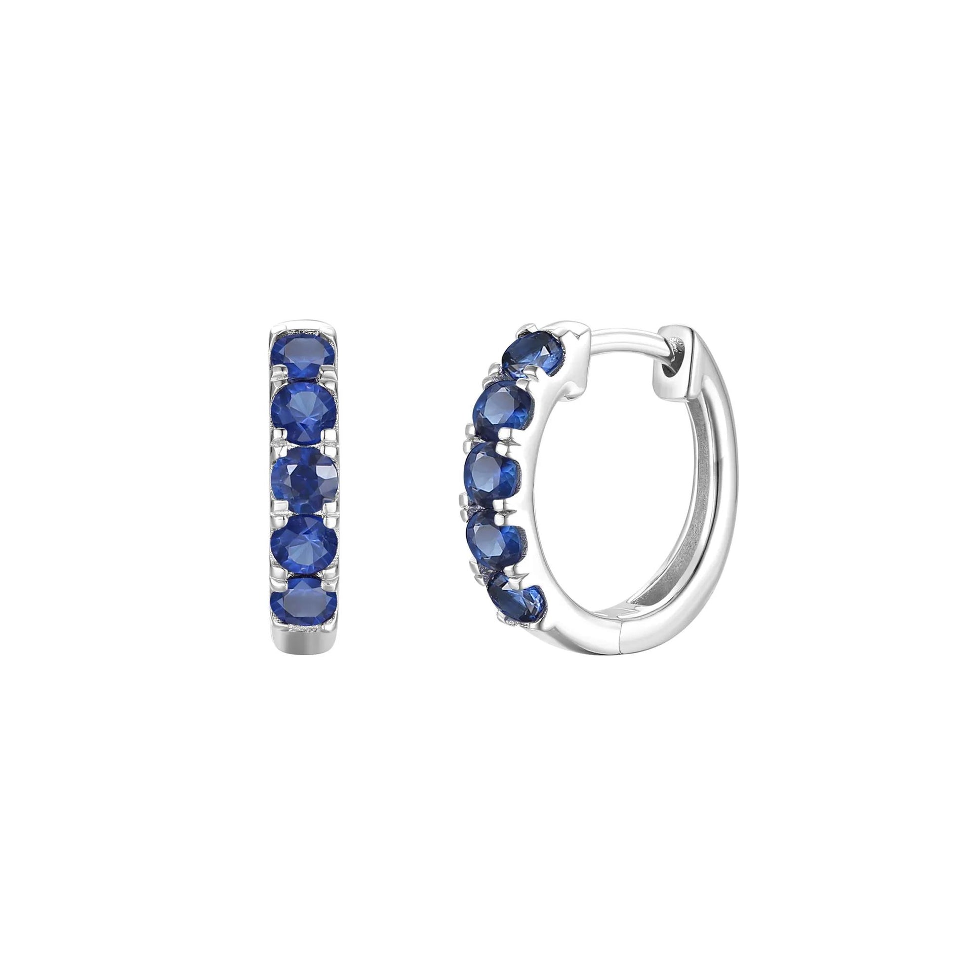 Blue Sapphire Hoop Earrings 10K White Gold Size 12.00mm