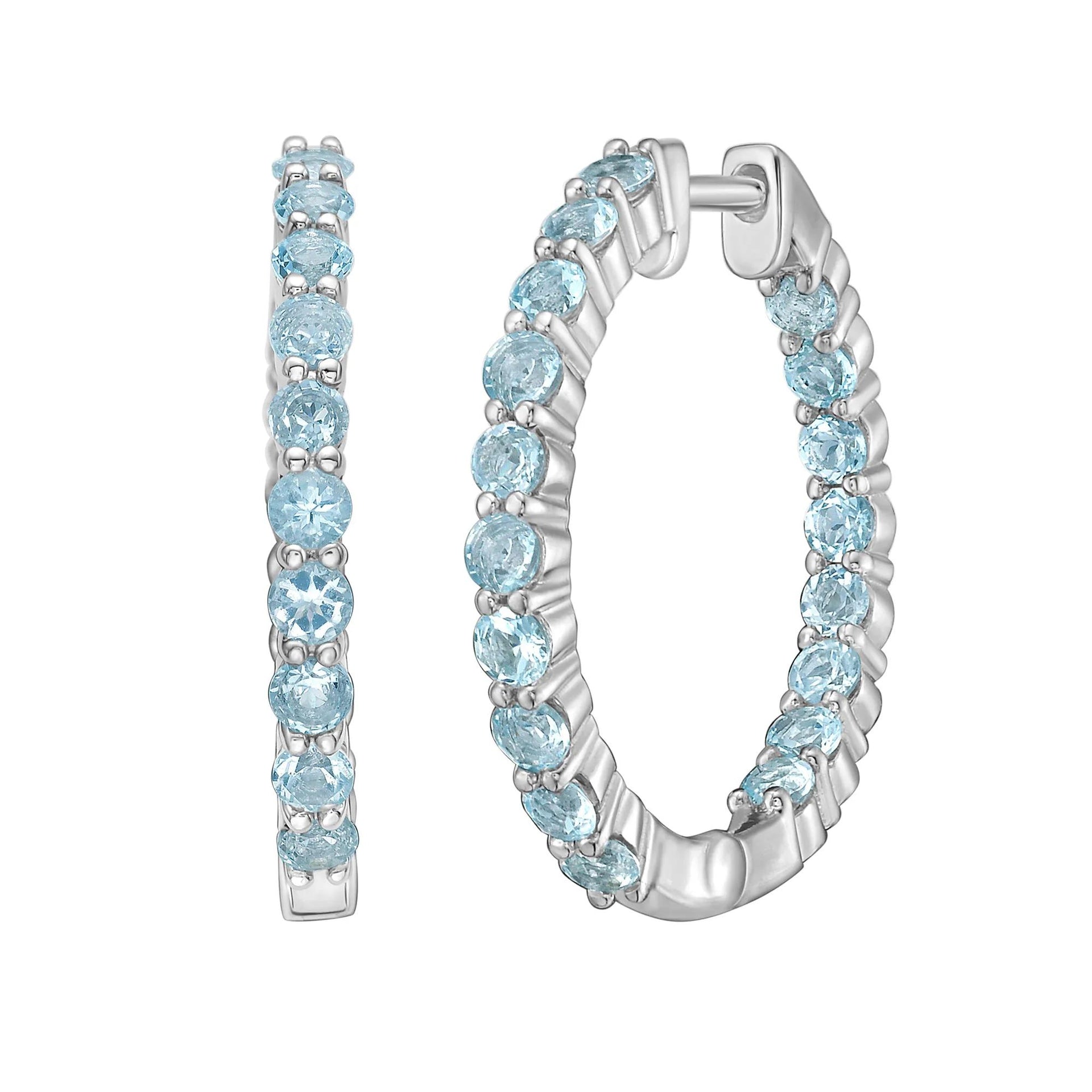 Blue Topaz Hoop Earrings .925 Sterling Silver White Size 25.00mm