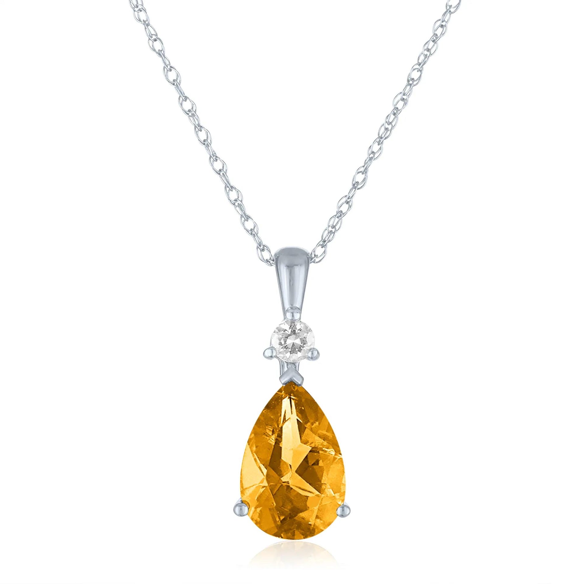 Citrine and Lab-Created White Sapphire Pendant Necklace 10K White Gold Size 18"
