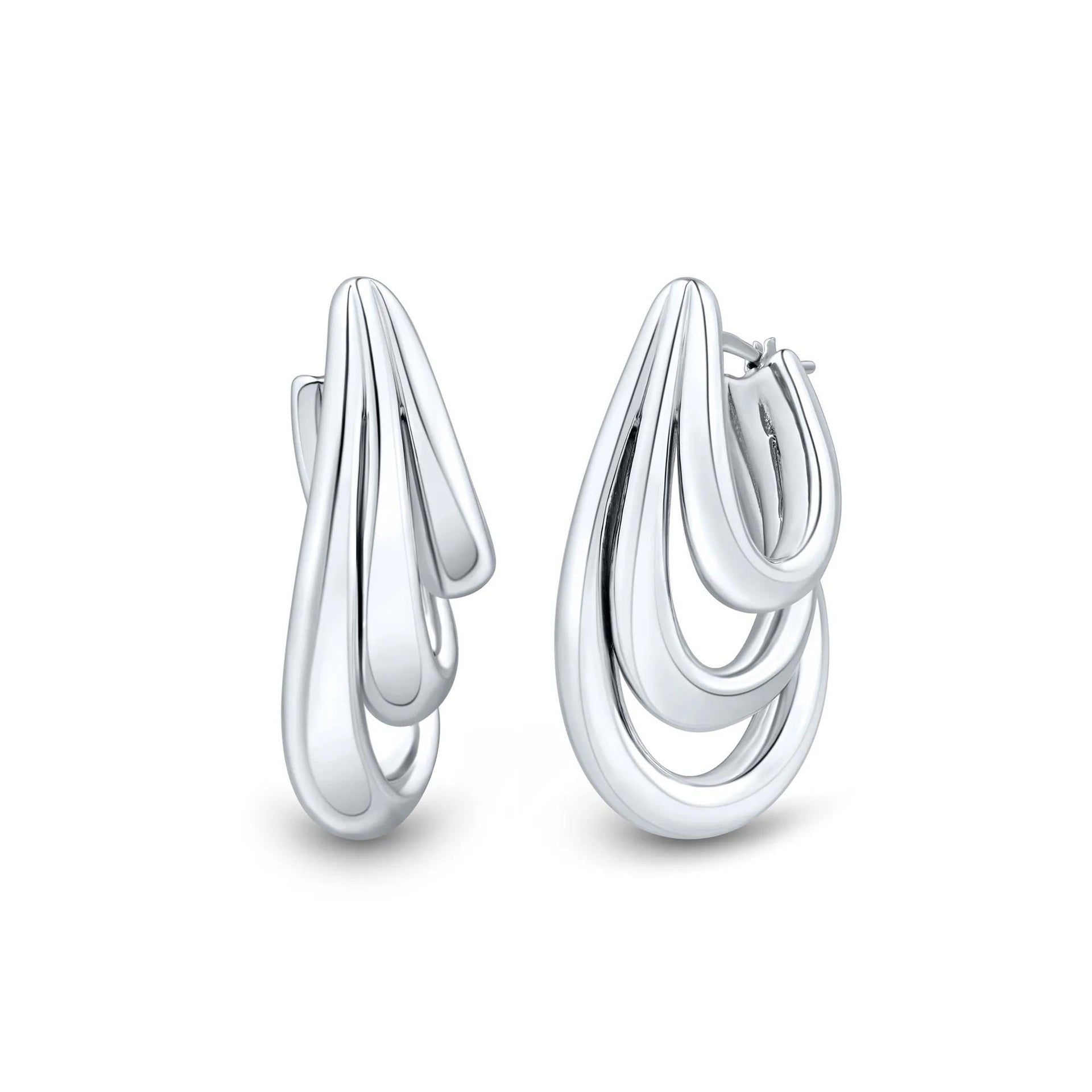 Graduated Triple-Row Hoop Earrings .925 Sterling Silver White Size 21.00mm