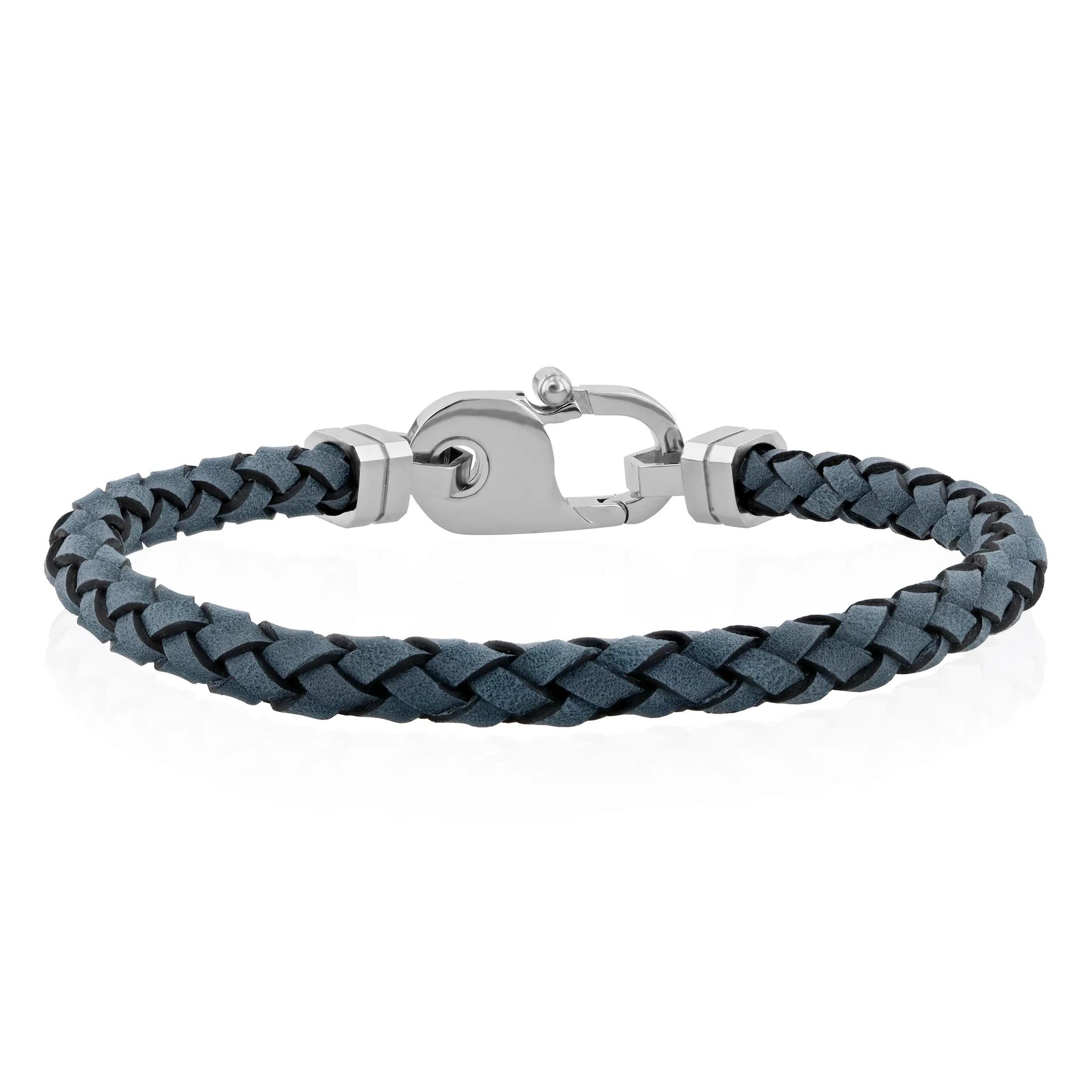 Gray Leather Bracelet White Stainless Steel 8.75" Size 6.00mm